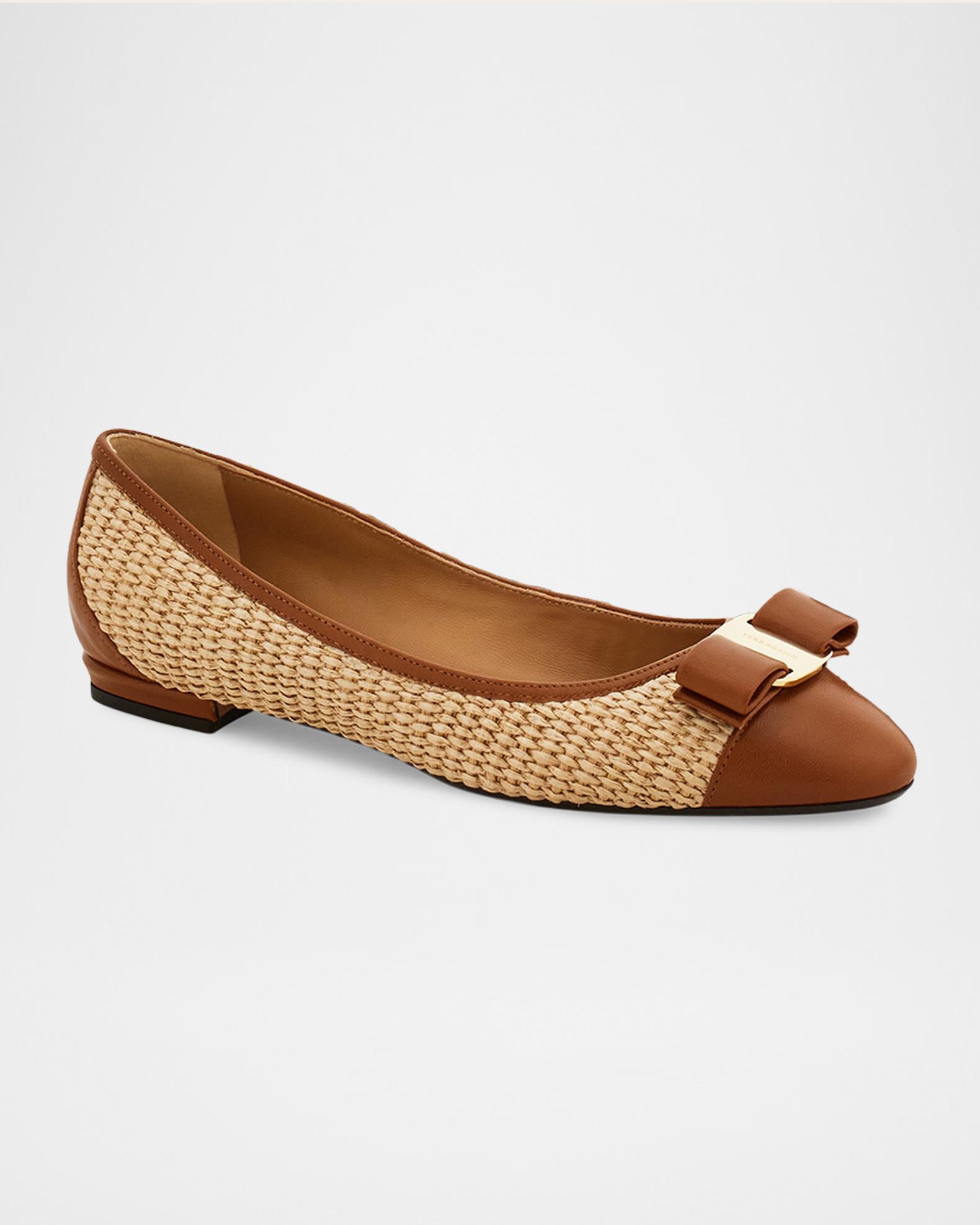 Ferragamo Varina Raffia and Leather Ballerina Flats | Neiman Marcus