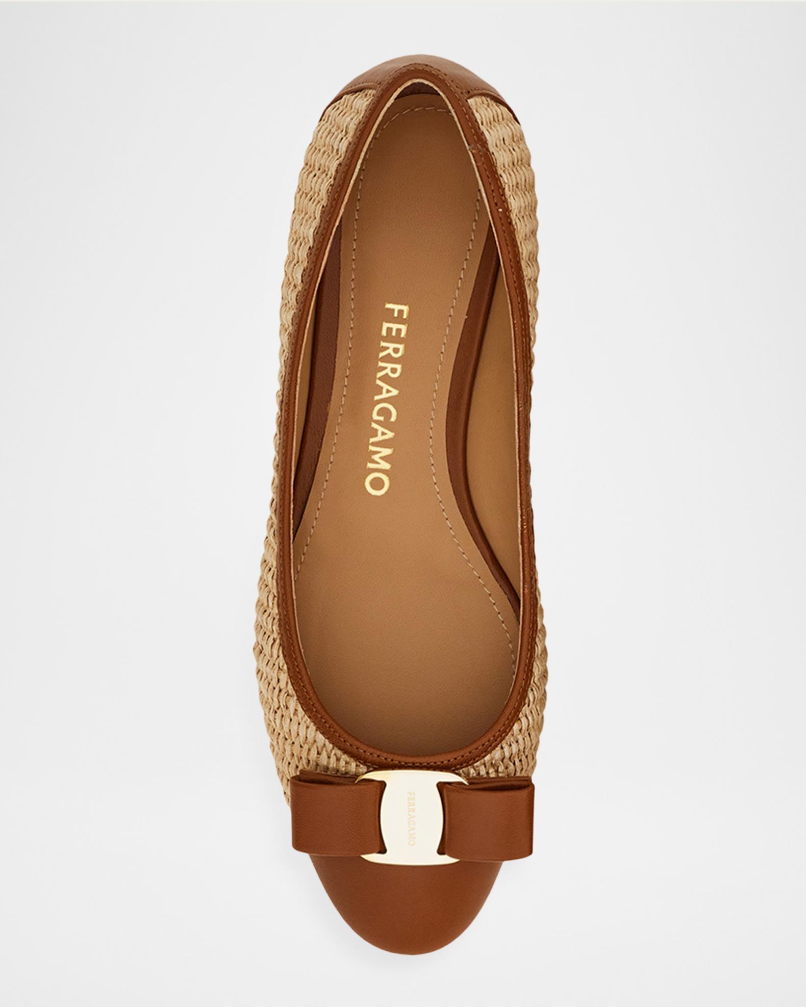FERRAGAMO Varina Raffia and Leather Ballerina Flats | Neiman Marcus