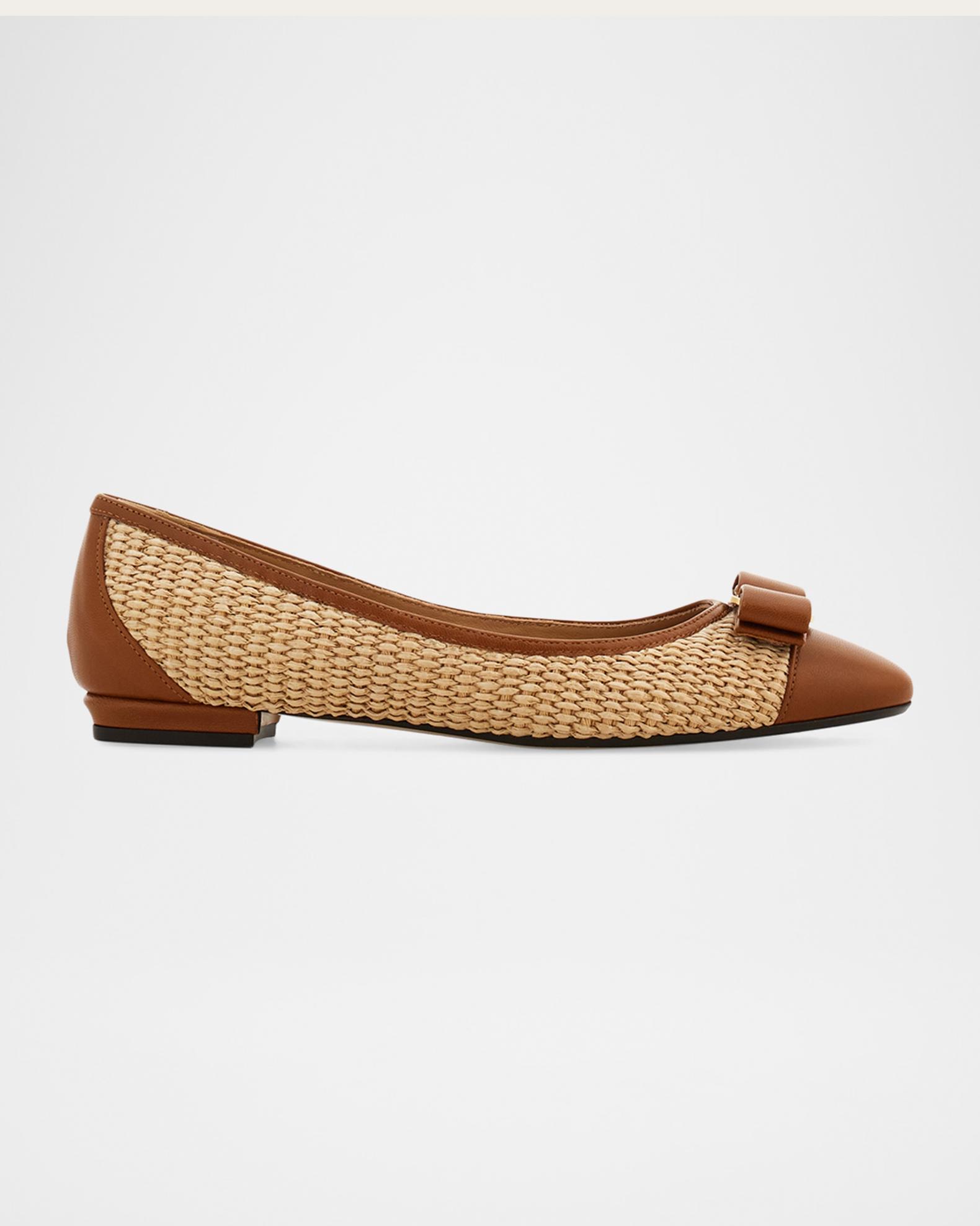 FERRAGAMO Varina Raffia and Leather Ballerina Flats | Neiman Marcus