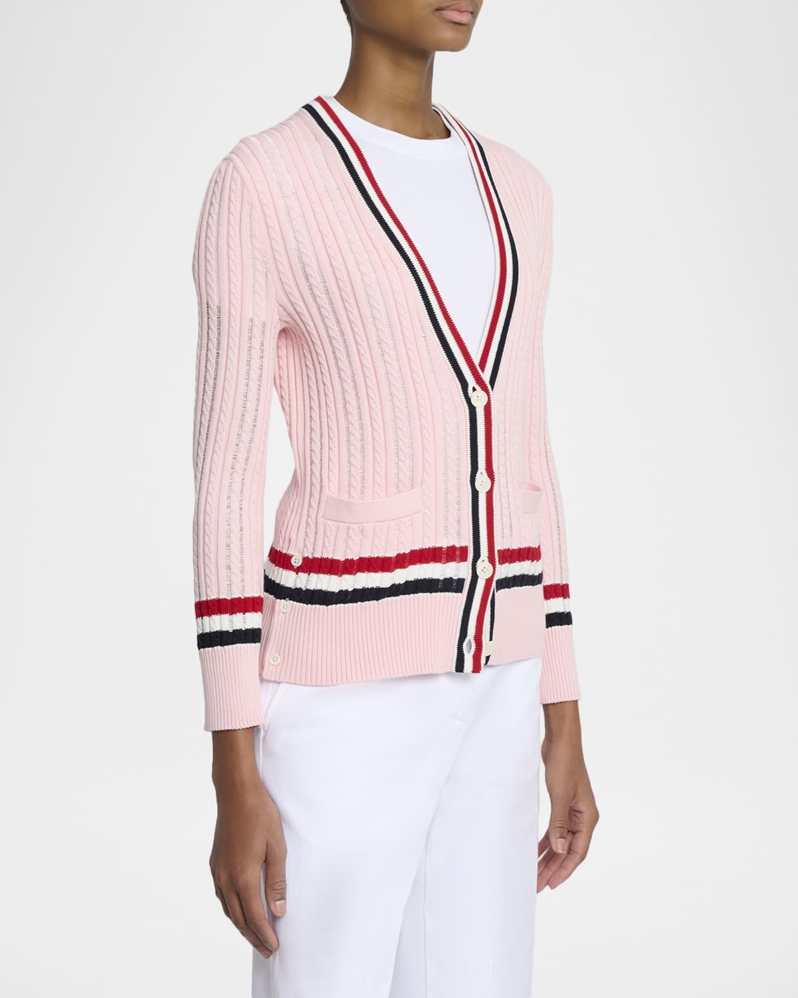 Thom Browne Ladder Cable Knit V-Neck Cardigan | Neiman Marcus