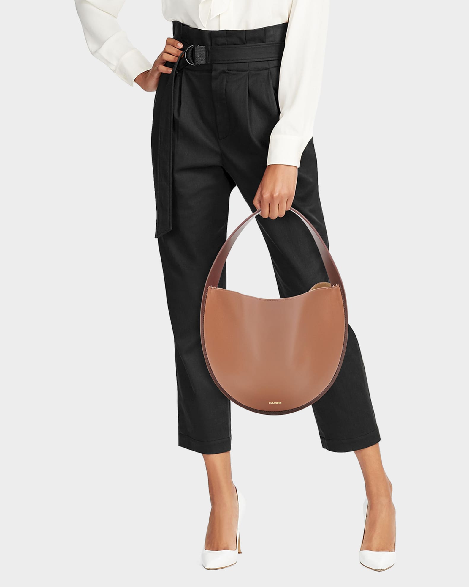 Jil Sander Pivot Oval Leather Hobo Bag | Neiman Marcus