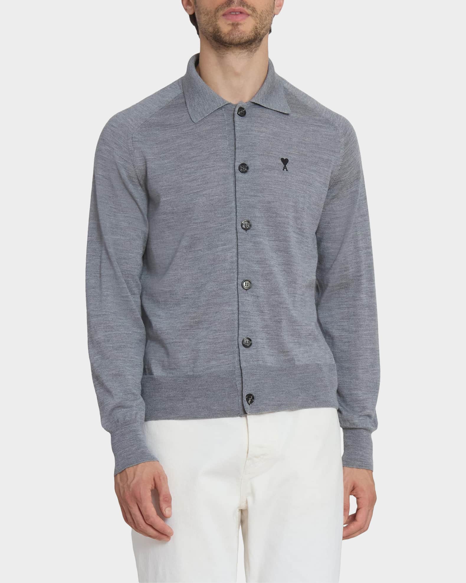Ami Paris Men's Embroidered-Logo Wool Knit Cardigan | Neiman Marcus