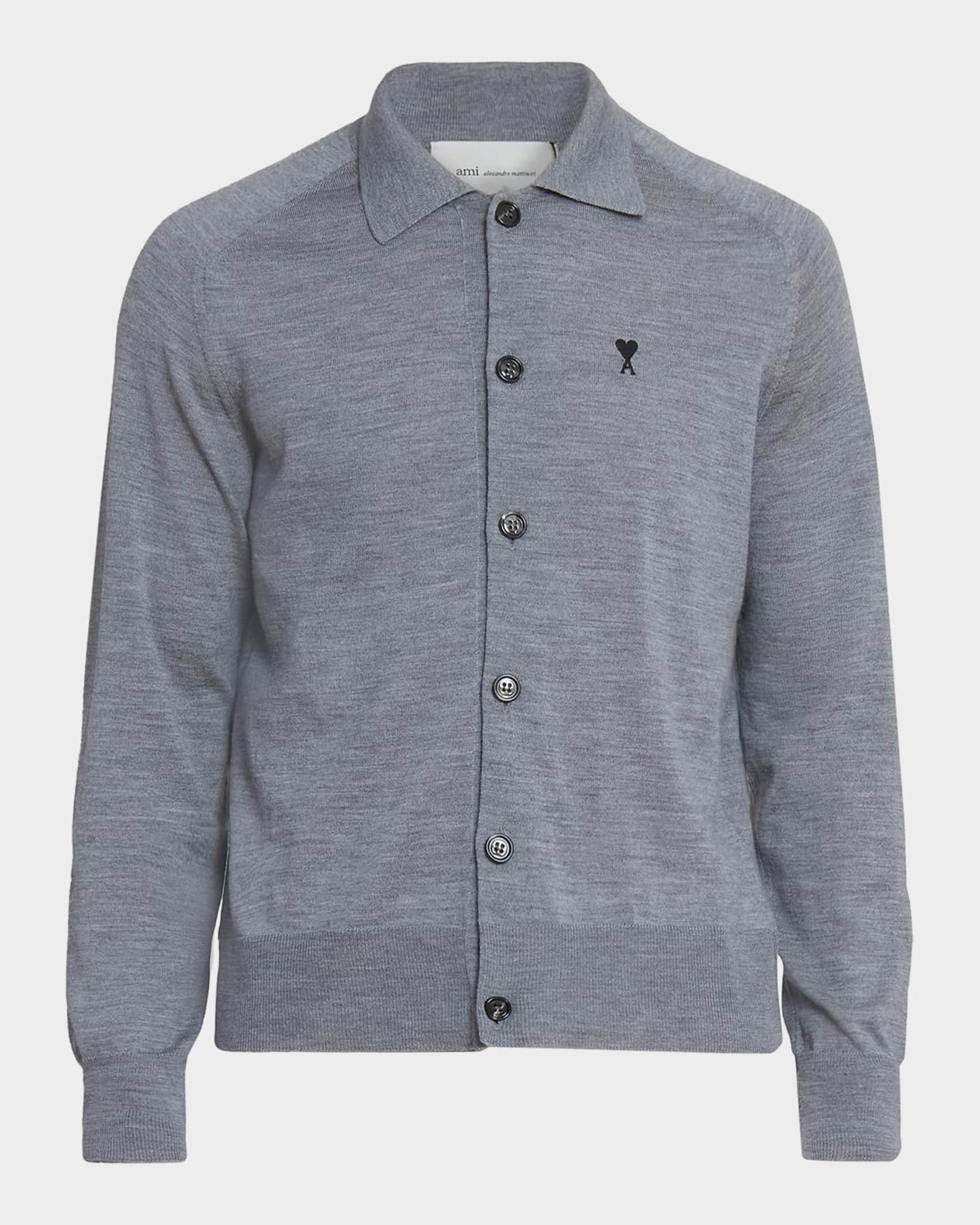 Ami Paris Men's Embroidered-Logo Wool Knit Cardigan | Neiman Marcus