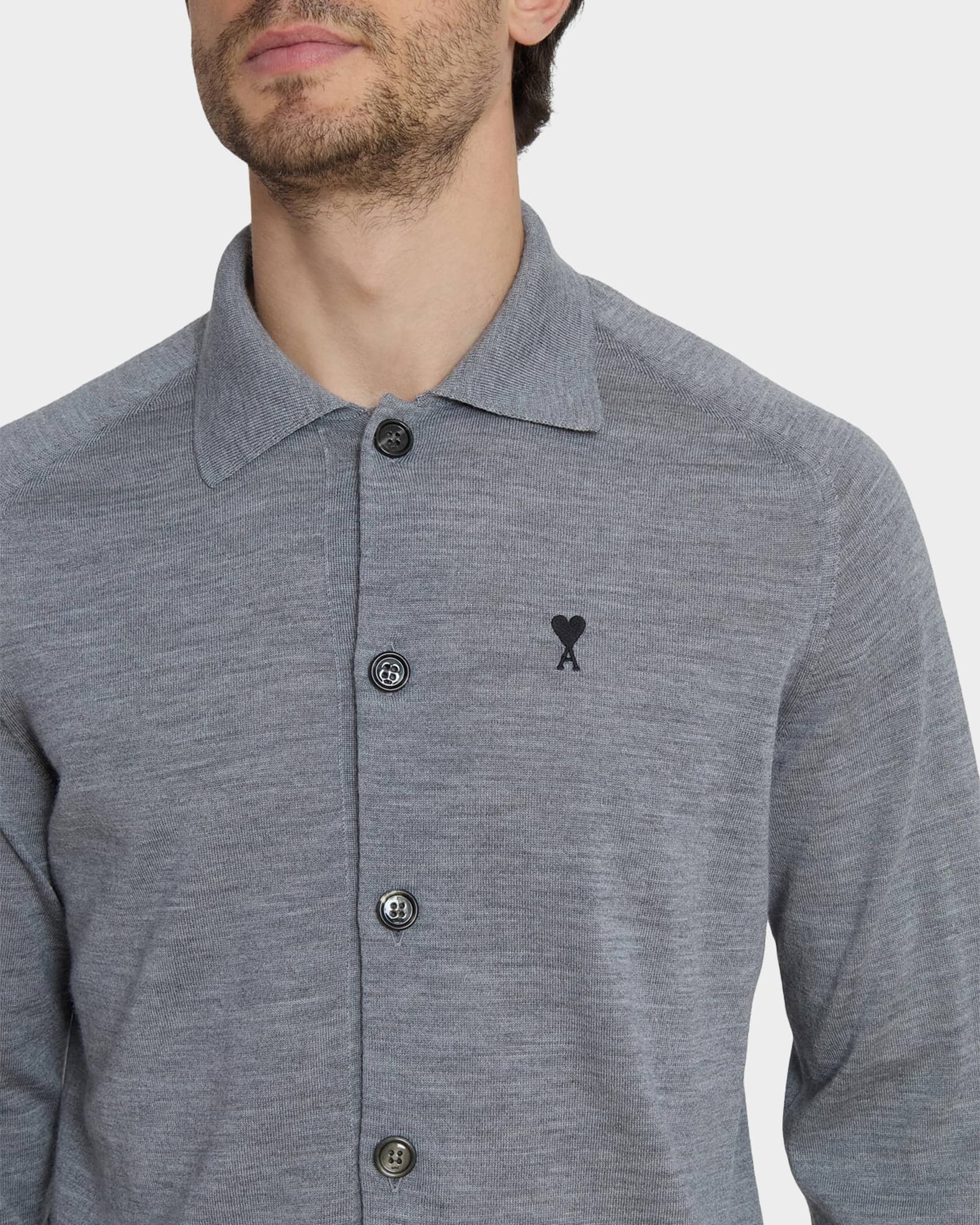 Ami Paris Men's Embroidered-Logo Wool Knit Cardigan | Neiman Marcus