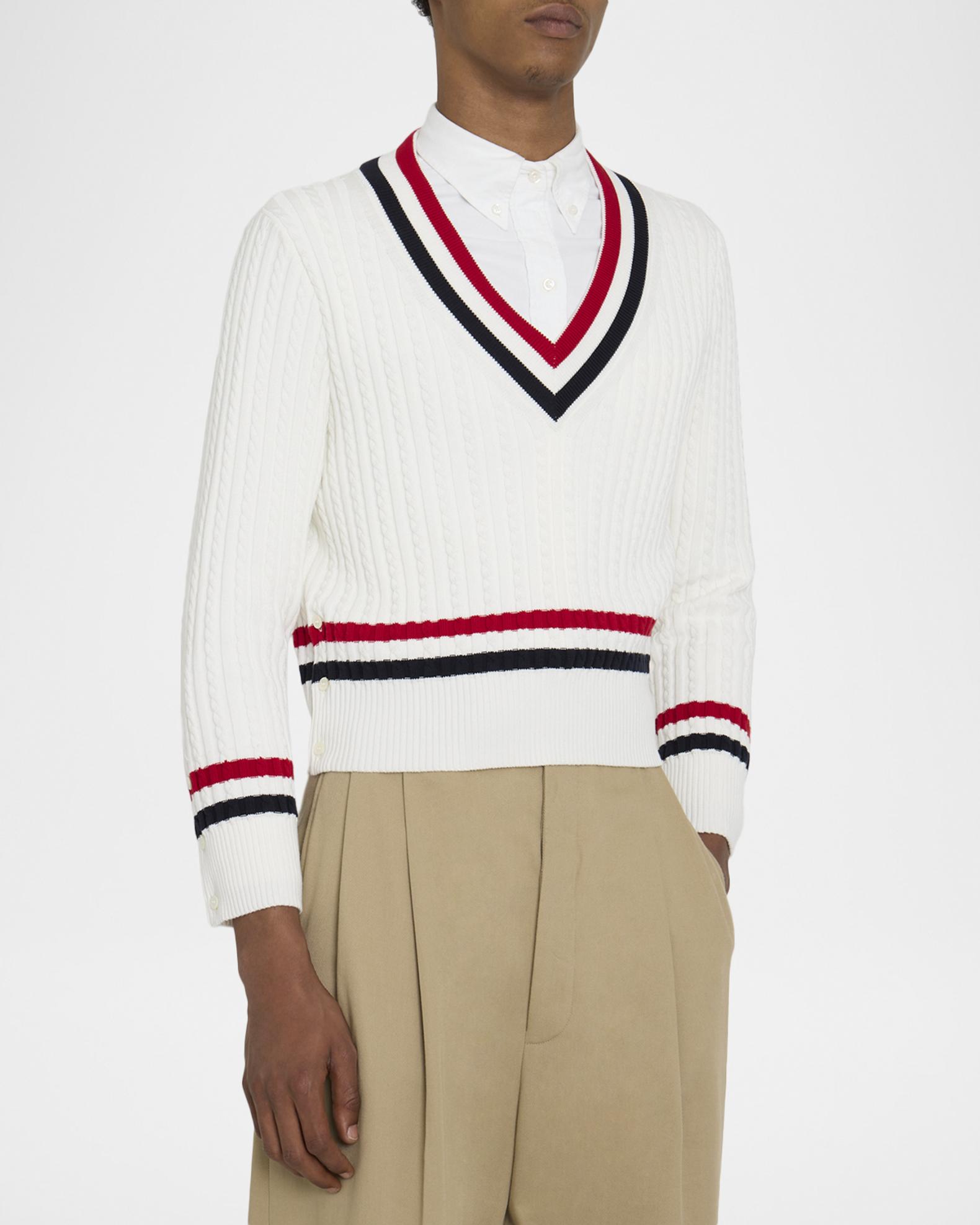 Thom Browne Men's Cotton Cable Knit Stripe-Trim V-Neck Sweater