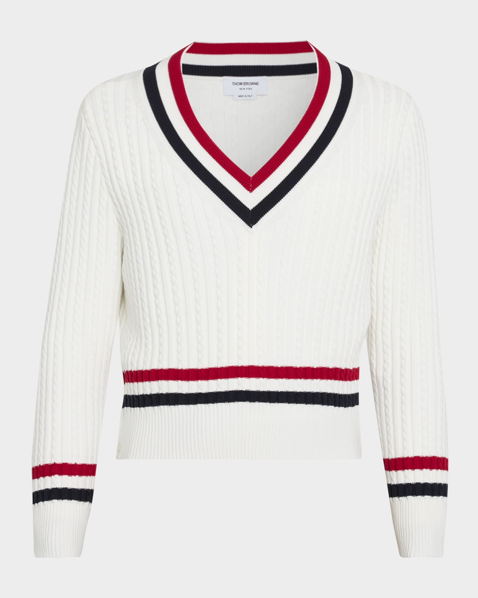 Thom Browne Men's Cotton Cable Knit Stripe-Trim V-Neck Sweater