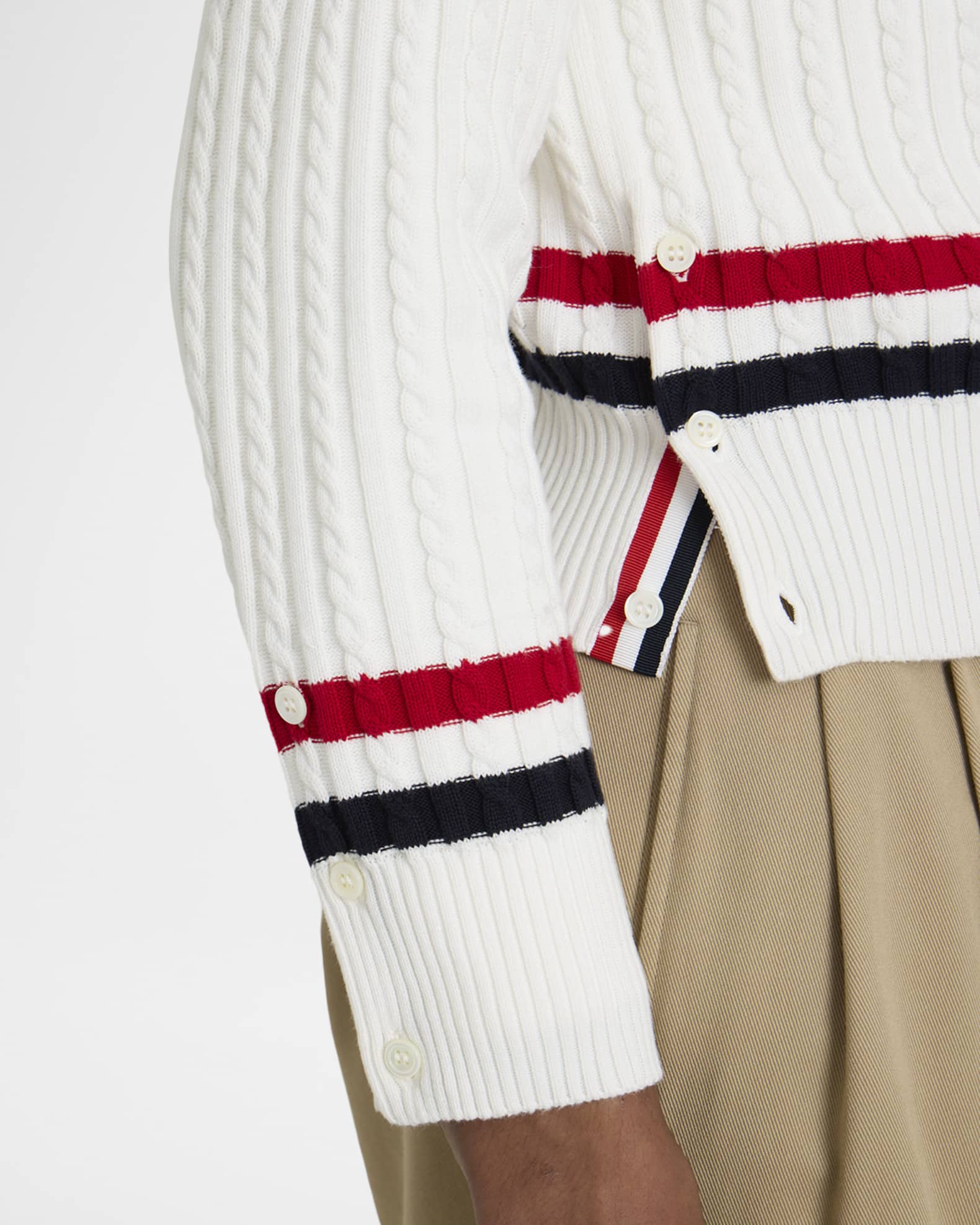 Thom Browne Men's Cotton Cable Knit Stripe-Trim V-Neck Sweater
