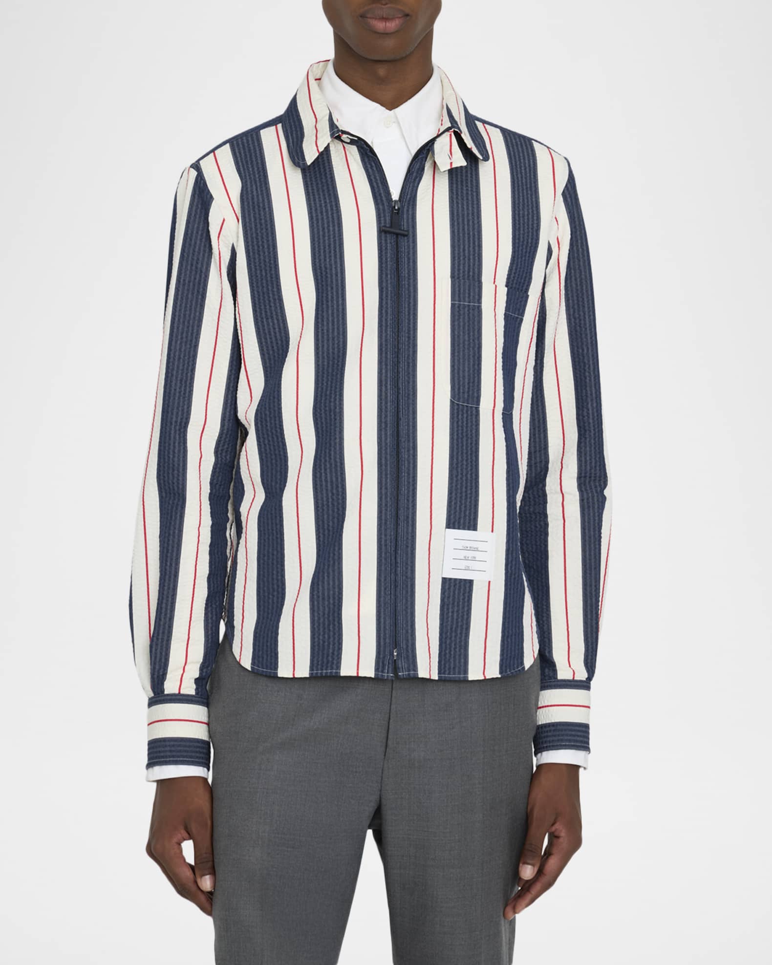 トムブラウン Thom Browne Men's Cotton Stripe Full-Zip Shirt | Neiman Marcus