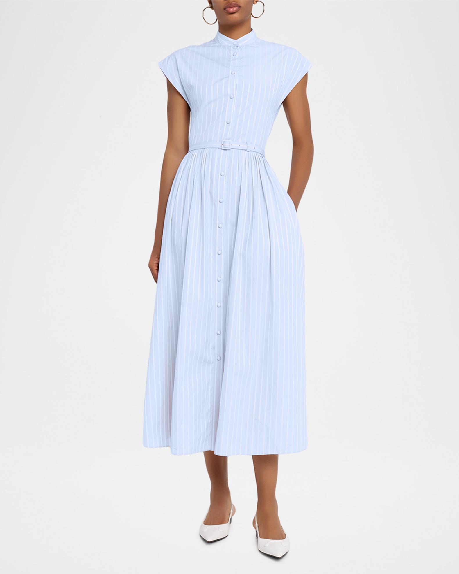 genevieve pleated midi dress Adam Lippes Genevieve Striped Cotton Pleated Midi Shirtdress With Belt