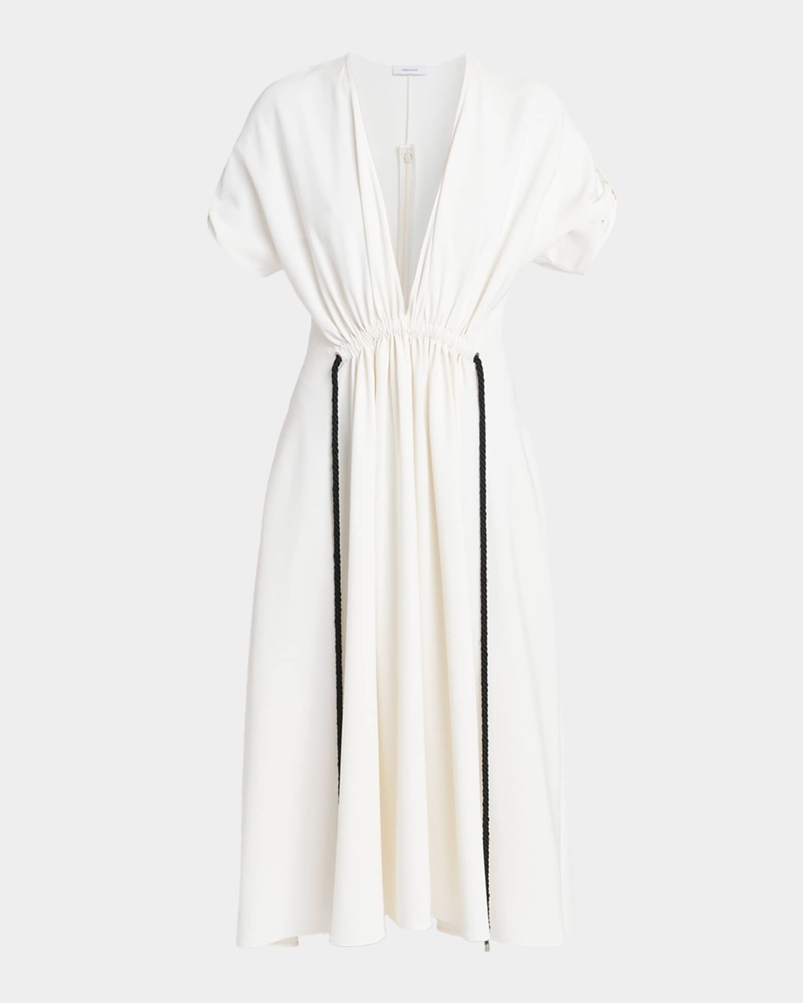 Ferragamo Plunging Gathered Short-Sleeve Midi Dress | Neiman Marcus