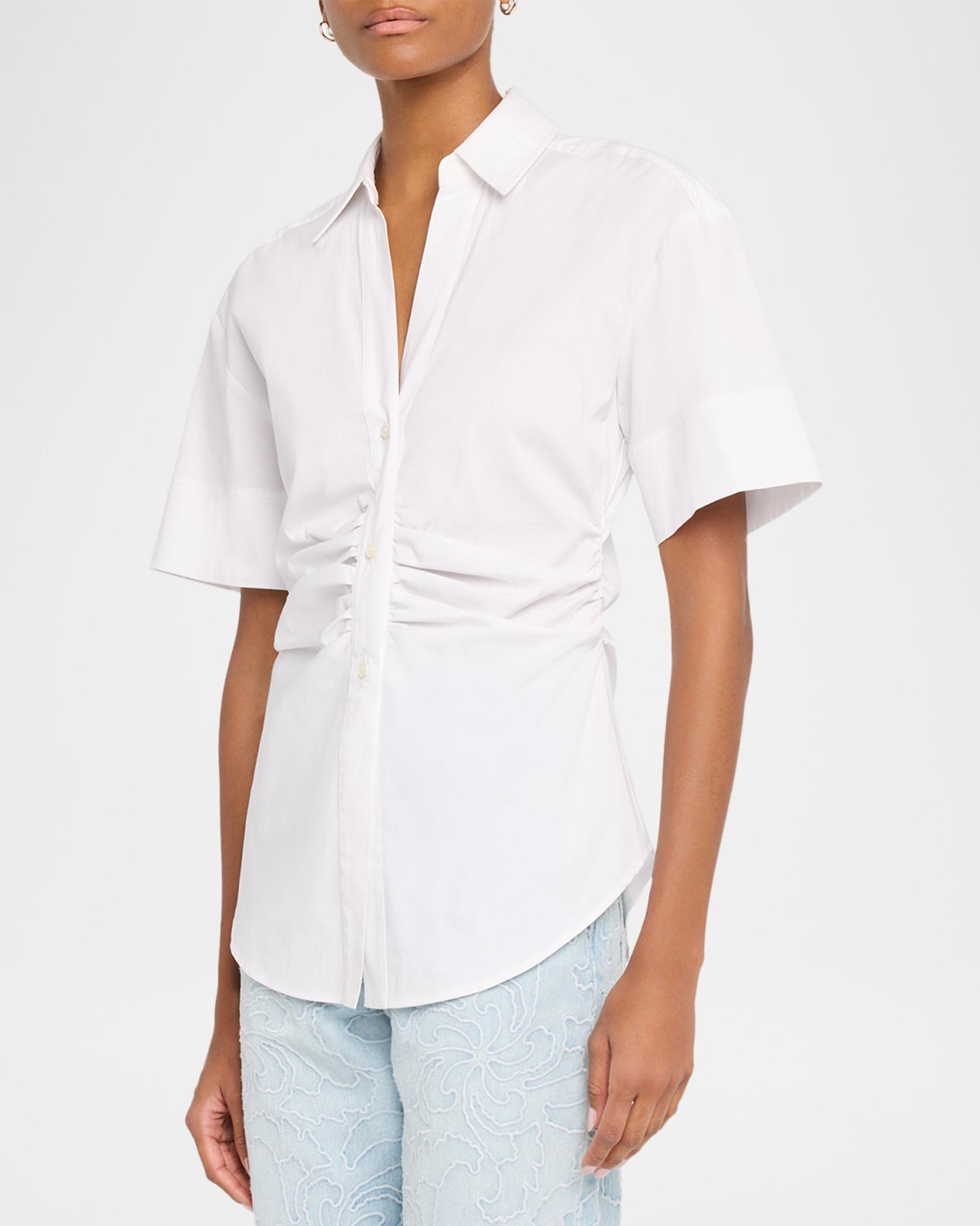 Veronica Beard Ruched Button-Down Stretch Cotton Shirt | Neiman Marcus