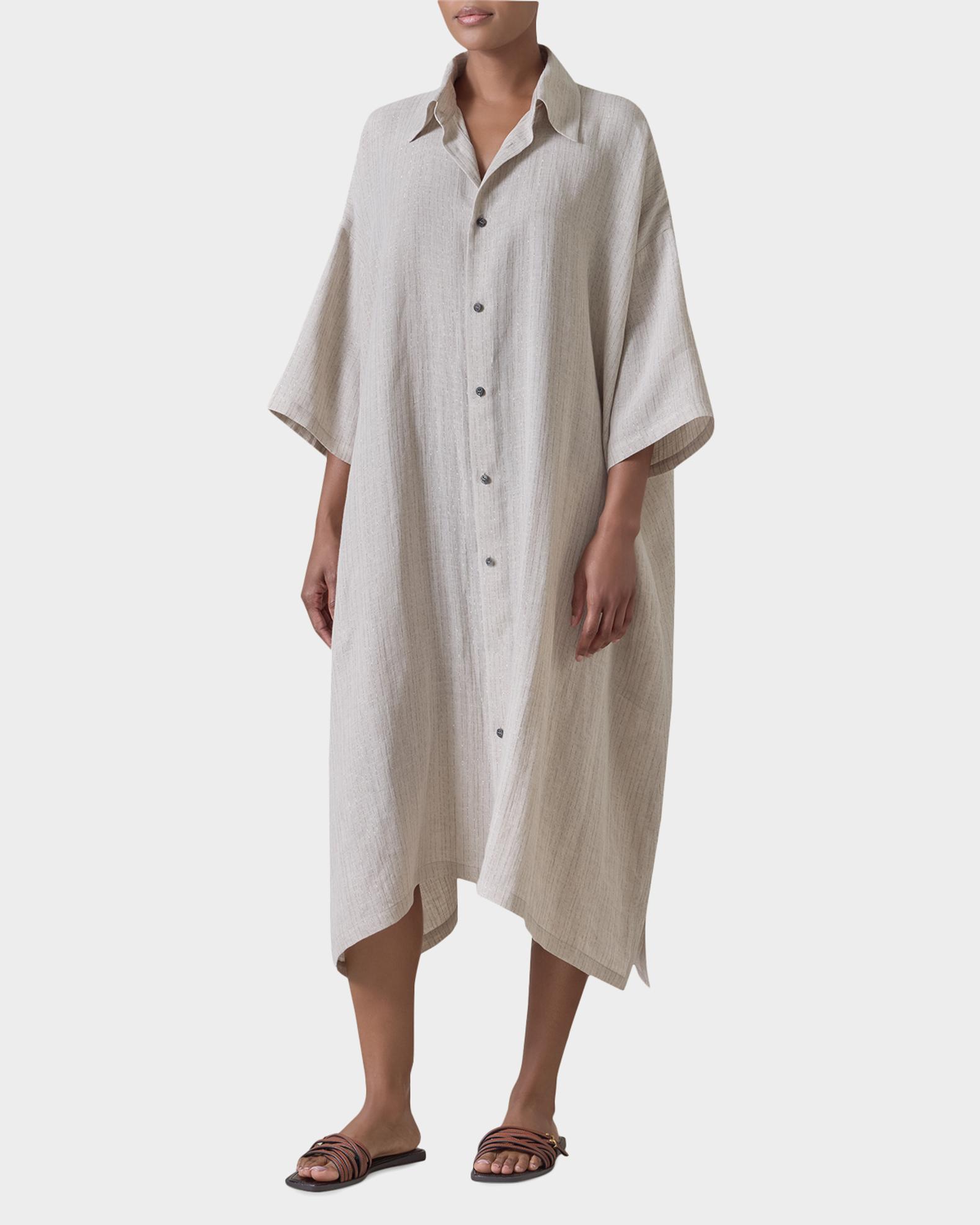 Eskandar Metallic Linen Wide A-Line Short-Sleeve Shirtdress With Collar ...