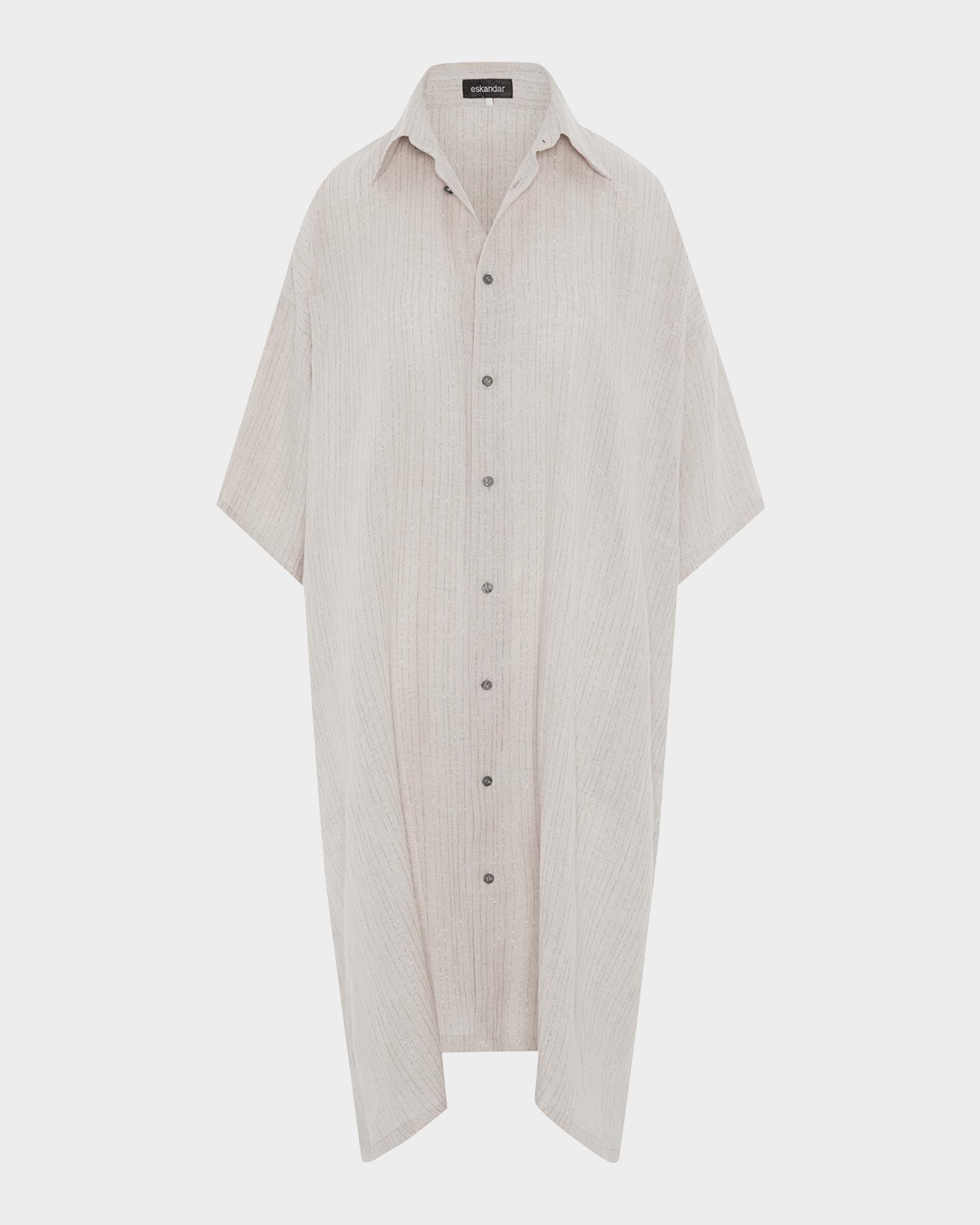 Eskandar Metallic Linen Wide A-Line Short-Sleeve Shirtdress With Collar ...