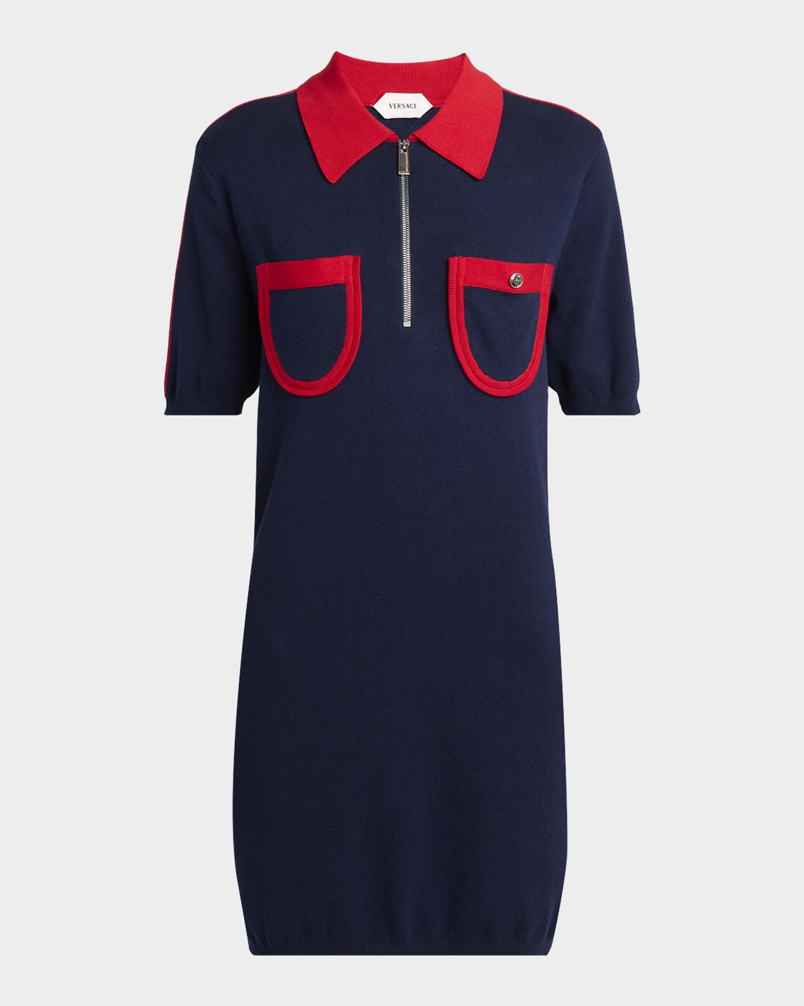 versace knit dress Two-Tone Cotton-Cashmere Polo Minidress - Navy _okendo:syndication_key:CL136949002