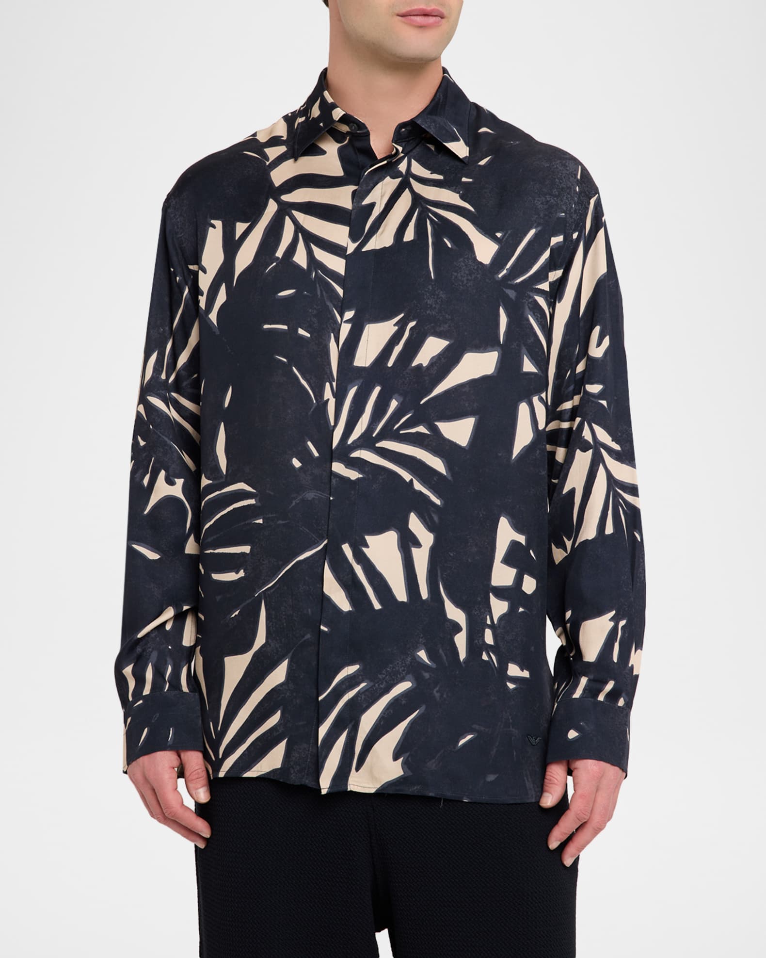 Emporio Armani Men's Viscose Palm-Pattern Button-Down Shirt