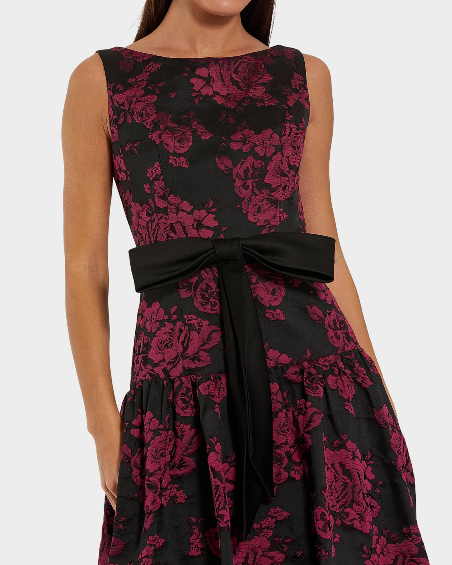 Mac Duggal Satin Bow-Waist Floral Brocade Midi Dress | Neiman Marcus