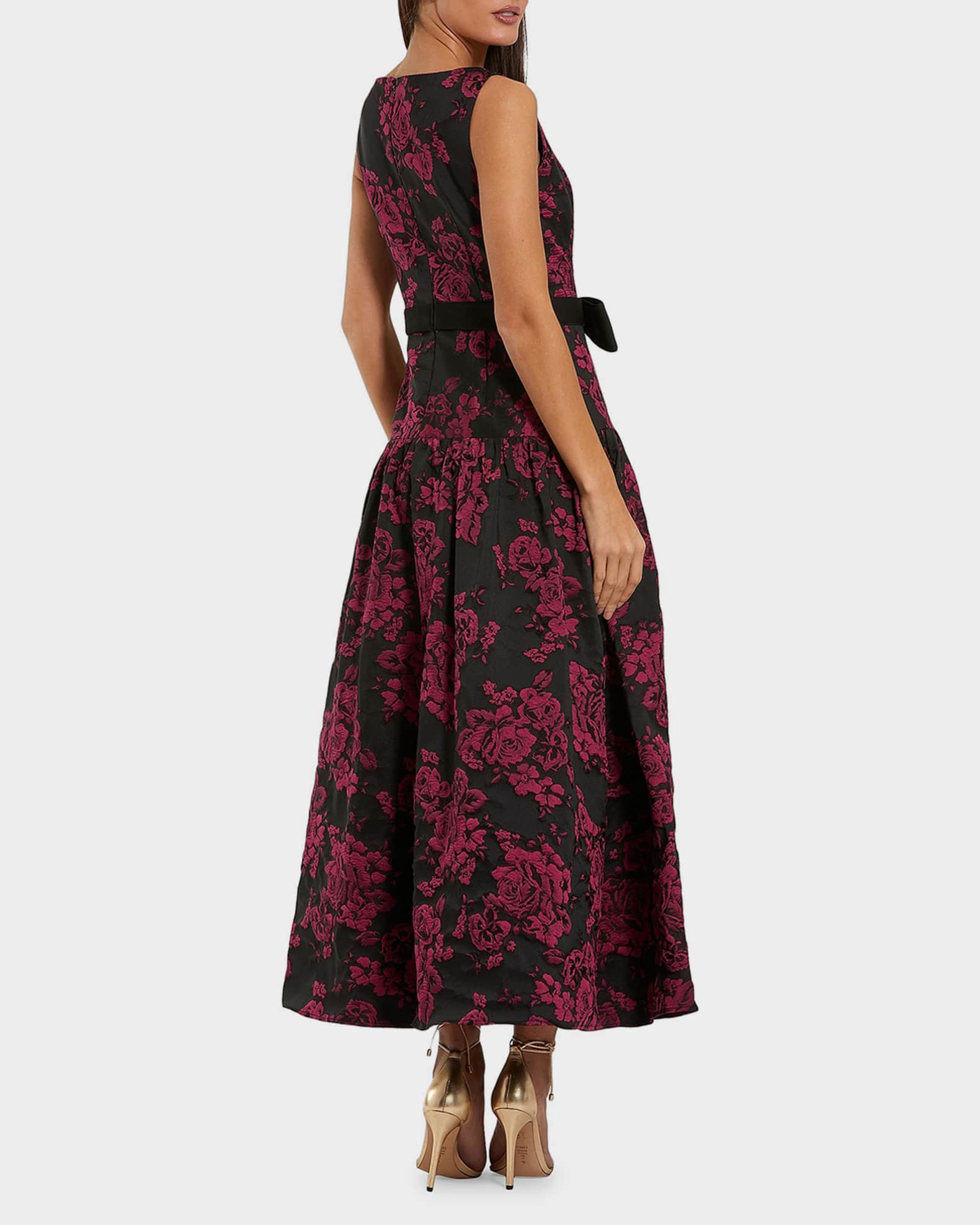 Mac Duggal Women's Satin Bow-Waist Floral Brocade Midi-Dress - Magenta Multi - Size 8