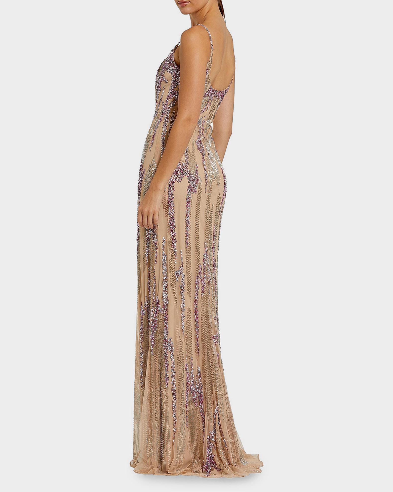 mesh rose gold dress Mac Duggal - Beige Spaghetti Strap Beaded Column Gown Festive Edit