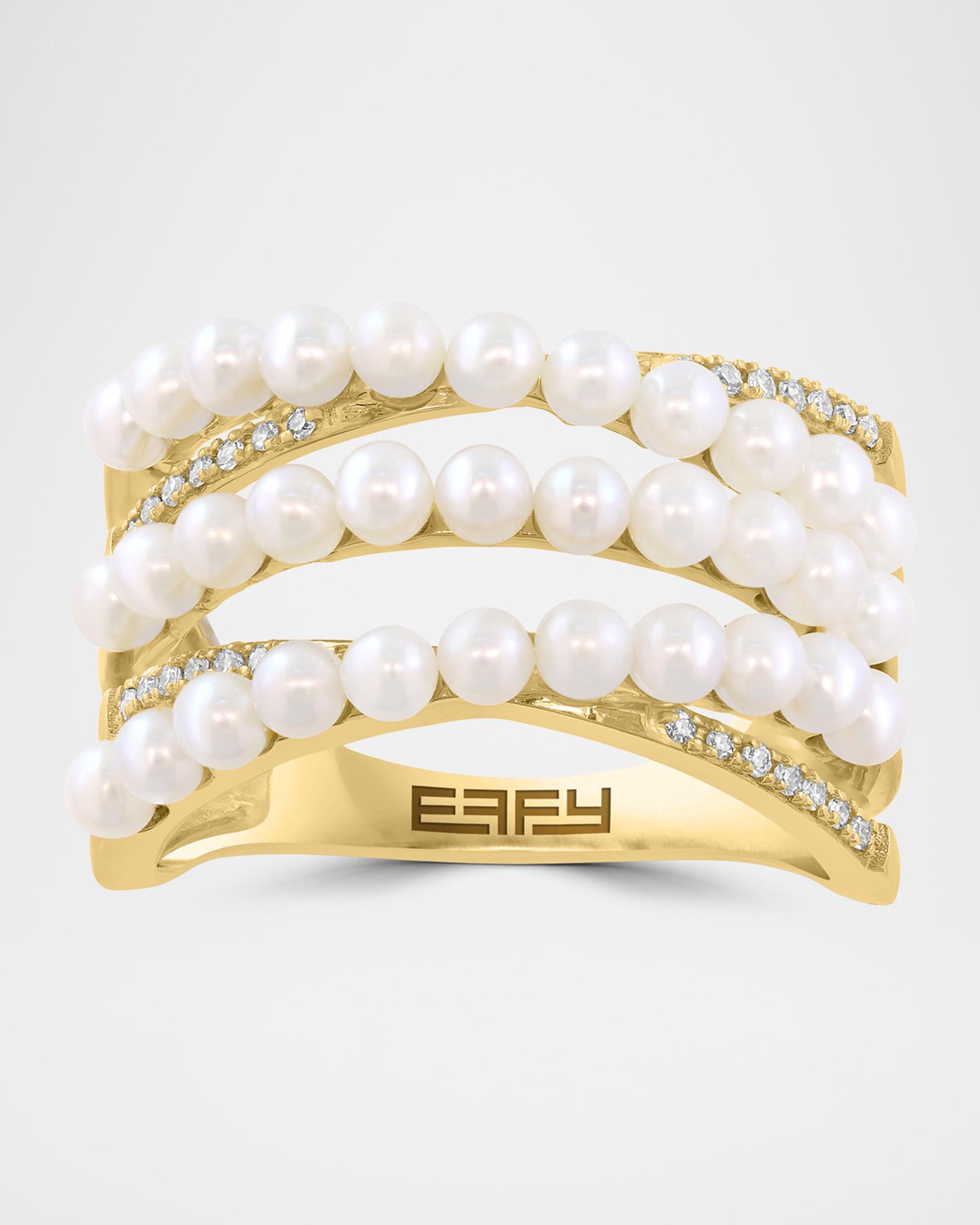 Neiman Marcus 18K Yellow Gold Diamond and Pearl 3-Row Ring | Neiman Marcus