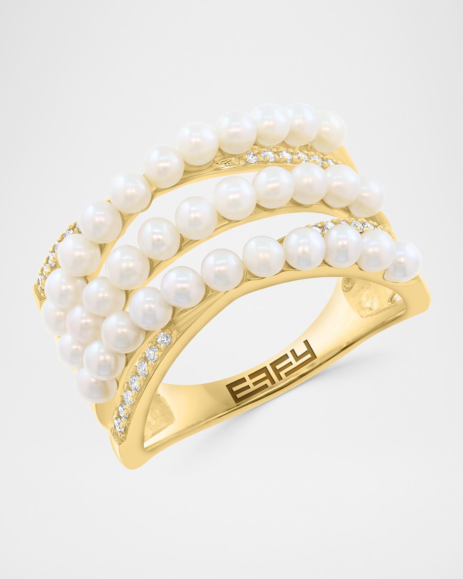 Neiman Marcus 18K Yellow Gold Diamond and Pearl 3-Row Ring | Neiman Marcus