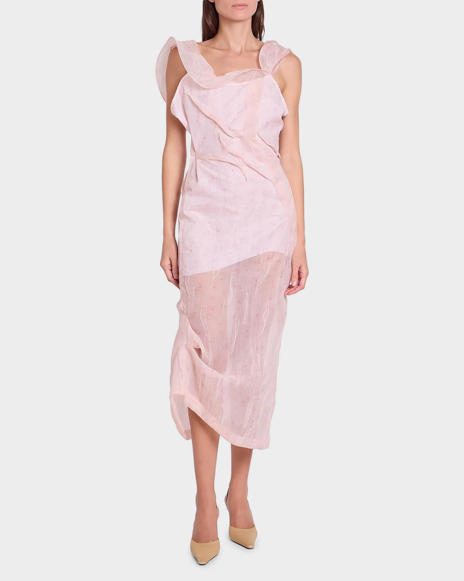 Victoria Beckham Hoop Asymmetric Floral Organza Midi Dress | Neiman Marcus