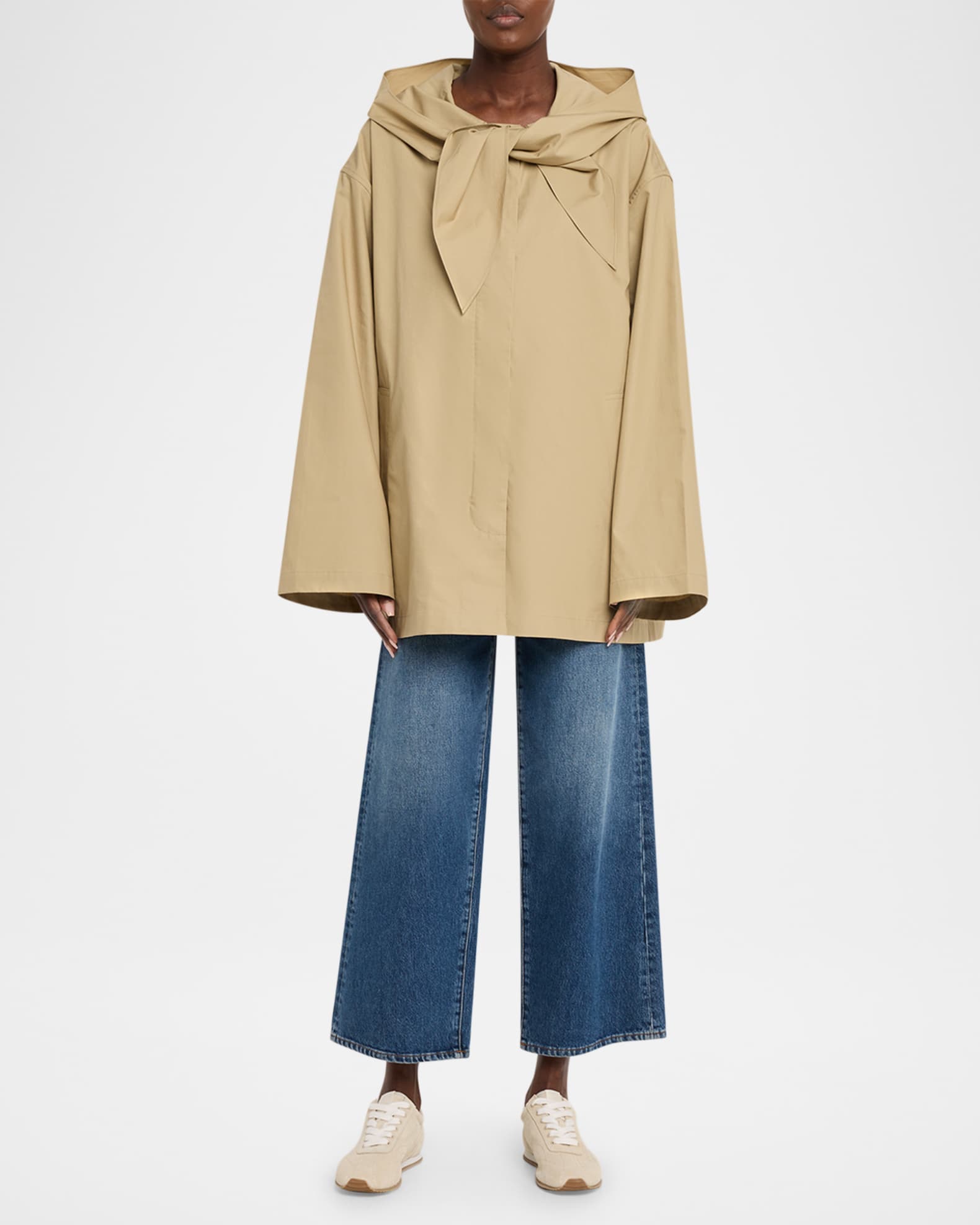 Scarf Hooded Technical Cotton Trapeze Jacket