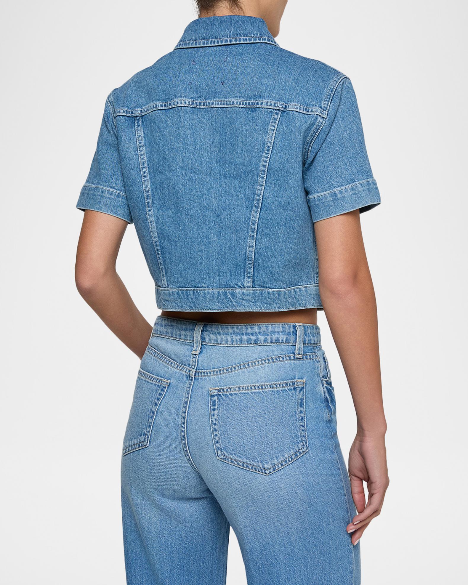 L'AGENCE Kirstie Cropped Short-Sleeve Denim Jacket | Neiman Marcus