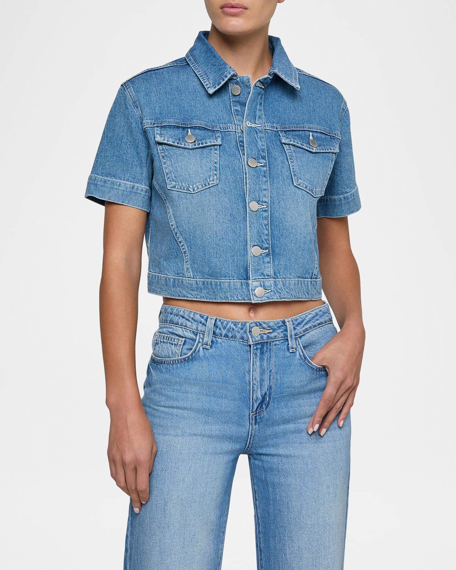 L'AGENCE Kirstie Cropped Short-Sleeve Denim Jacket | Neiman Marcus