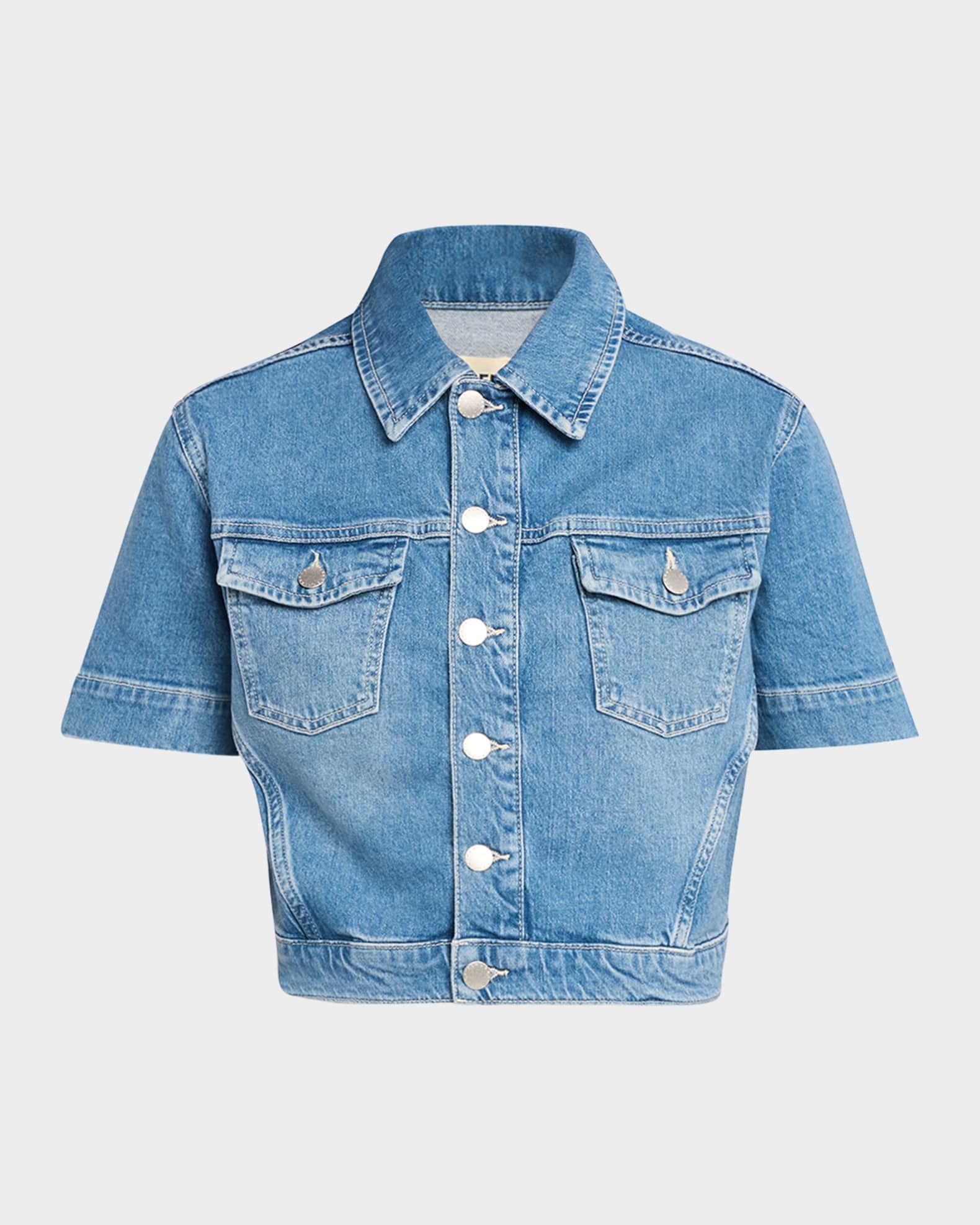 L'Agence Kirstie Cropped Short-Sleeve Denim Jacket | Neiman Marcus