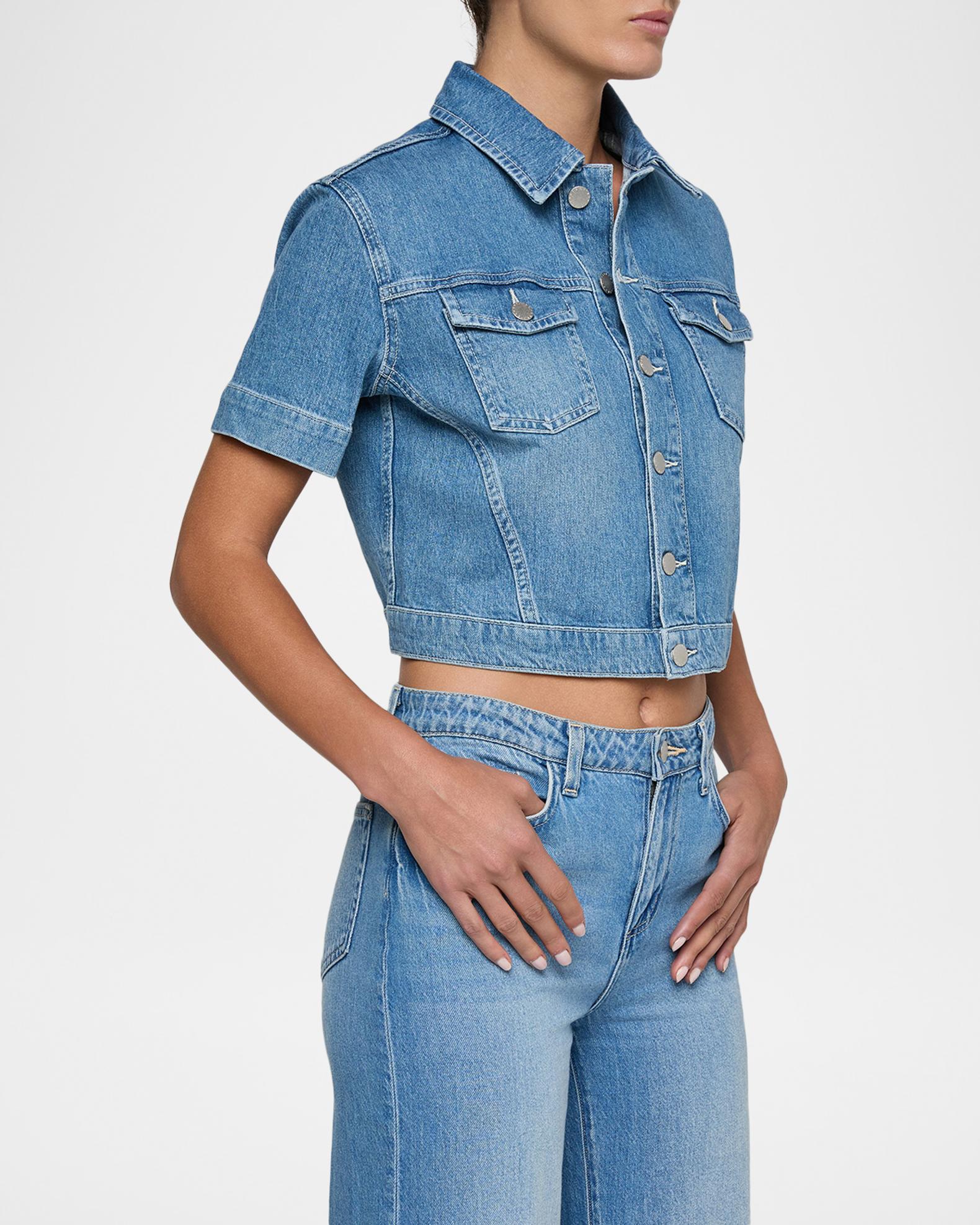 L'AGENCE Kirstie Cropped Short-Sleeve Denim Jacket | Neiman Marcus