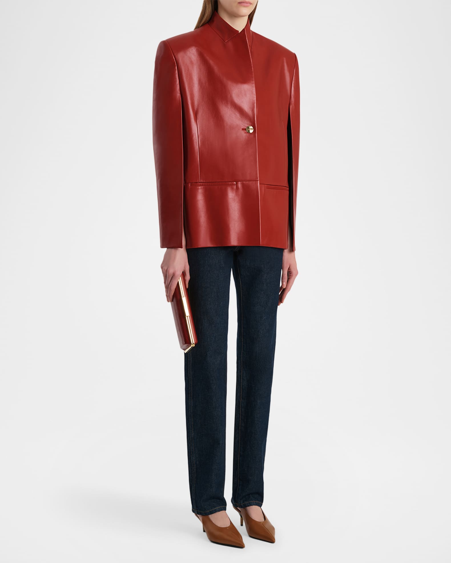 Khaite Dolso Single-Breasted Leather Cape Jacket | Neiman Marcus
