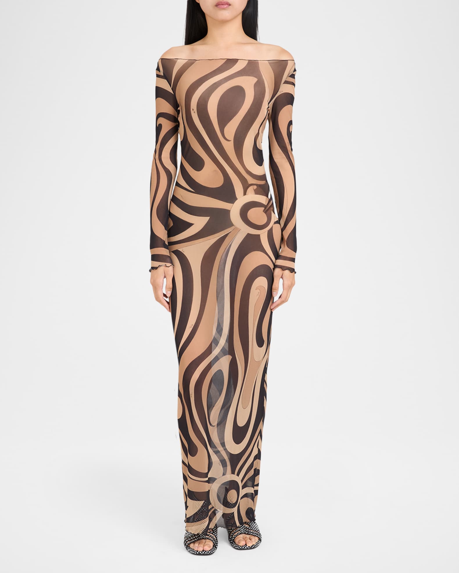 Pucci Marmo Tulle Long-Sleeve Maxi Dress | Neiman Marcus