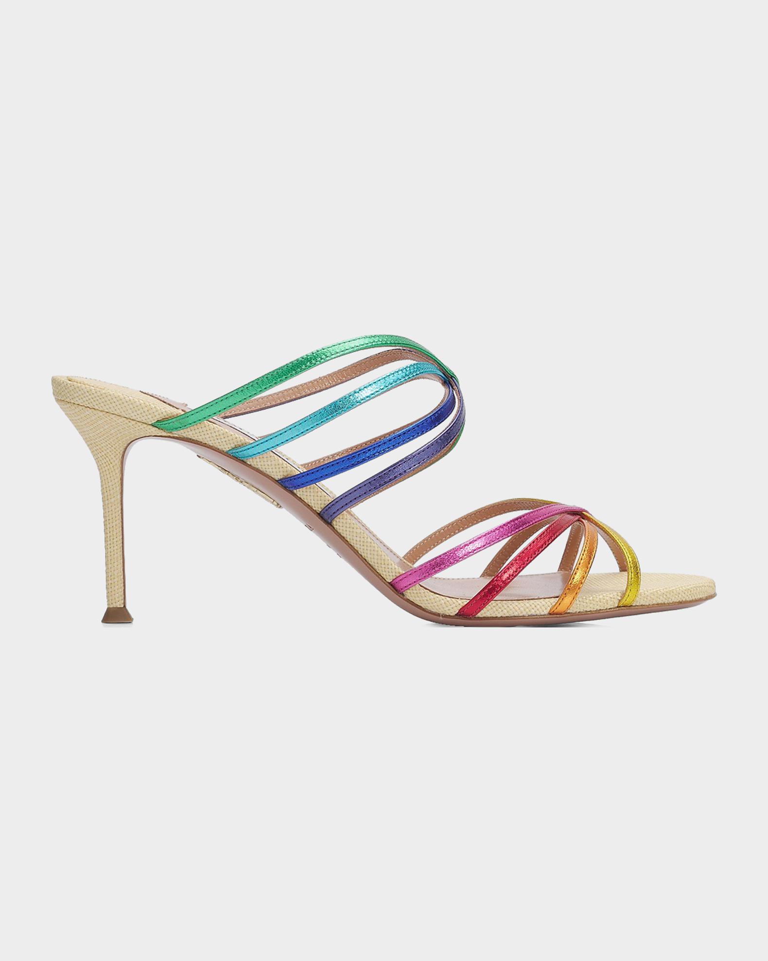Aquazzura Tell Me 75MM Leather & Raffia Mule Sandals | Neiman Marcus