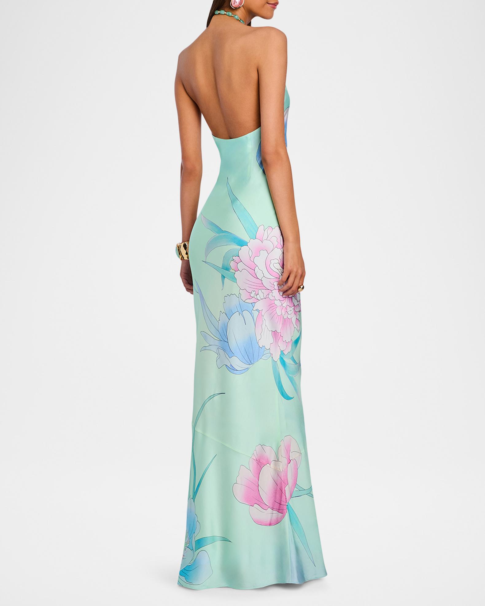 flower satin halter dress Floral Satin Halter Dress - Multicolor Black 6