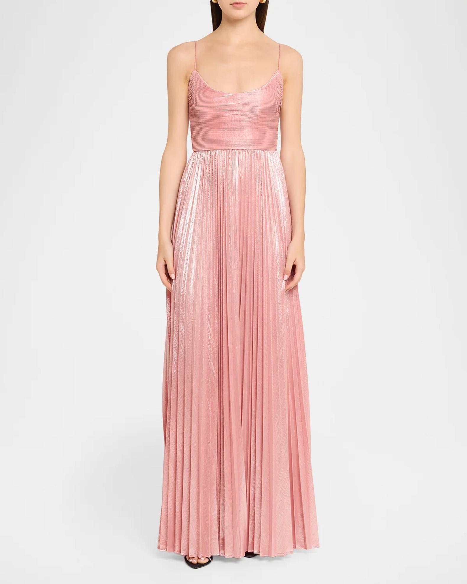 long sleeveless dress in lamé pleated knit Retrofête Rhosyn Scoop-Neck Lame Maxi US OOS Variant
