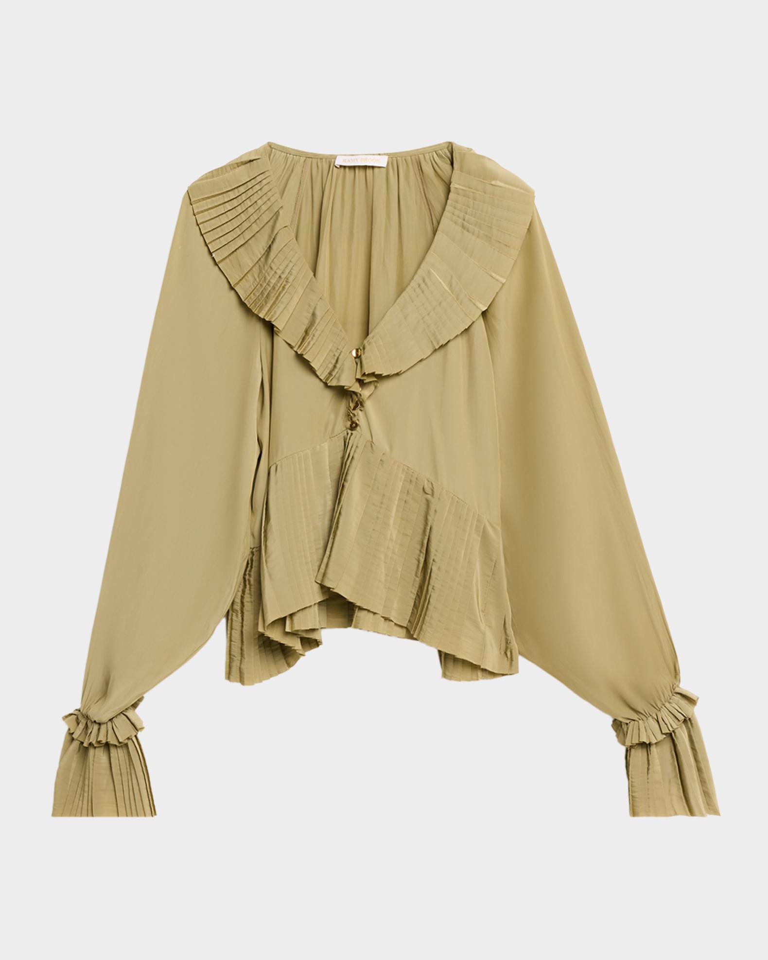 Ramy Brook Jacklyn Pleated Ruffle-Trim Blouse | Neiman Marcus