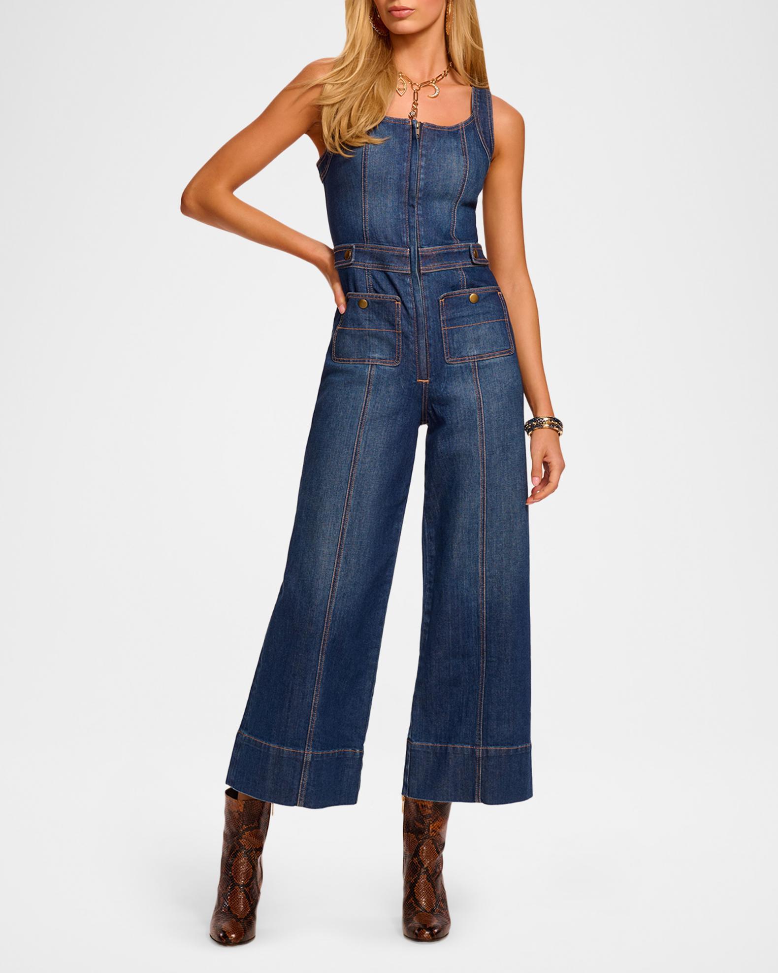 Ramy Brook Janet Cropped Wide-Leg Denim Jumpsuit | Neiman Marcus
