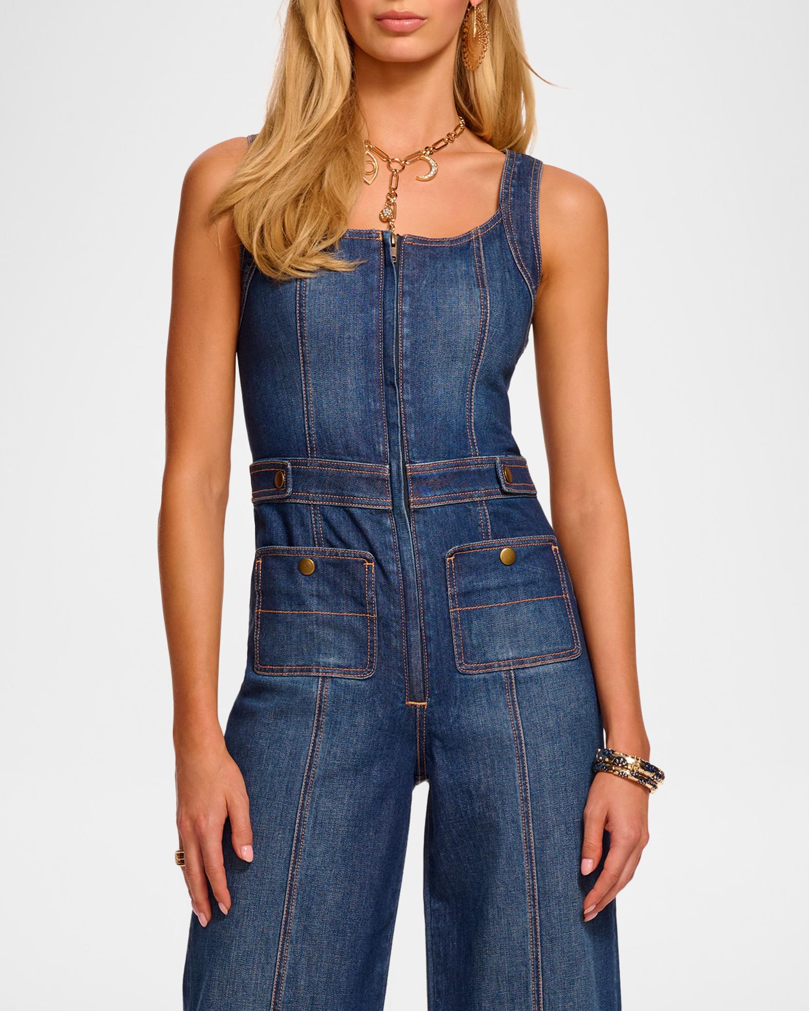Ramy Brook Janet Cropped Wide-Leg Denim Jumpsuit | Neiman Marcus
