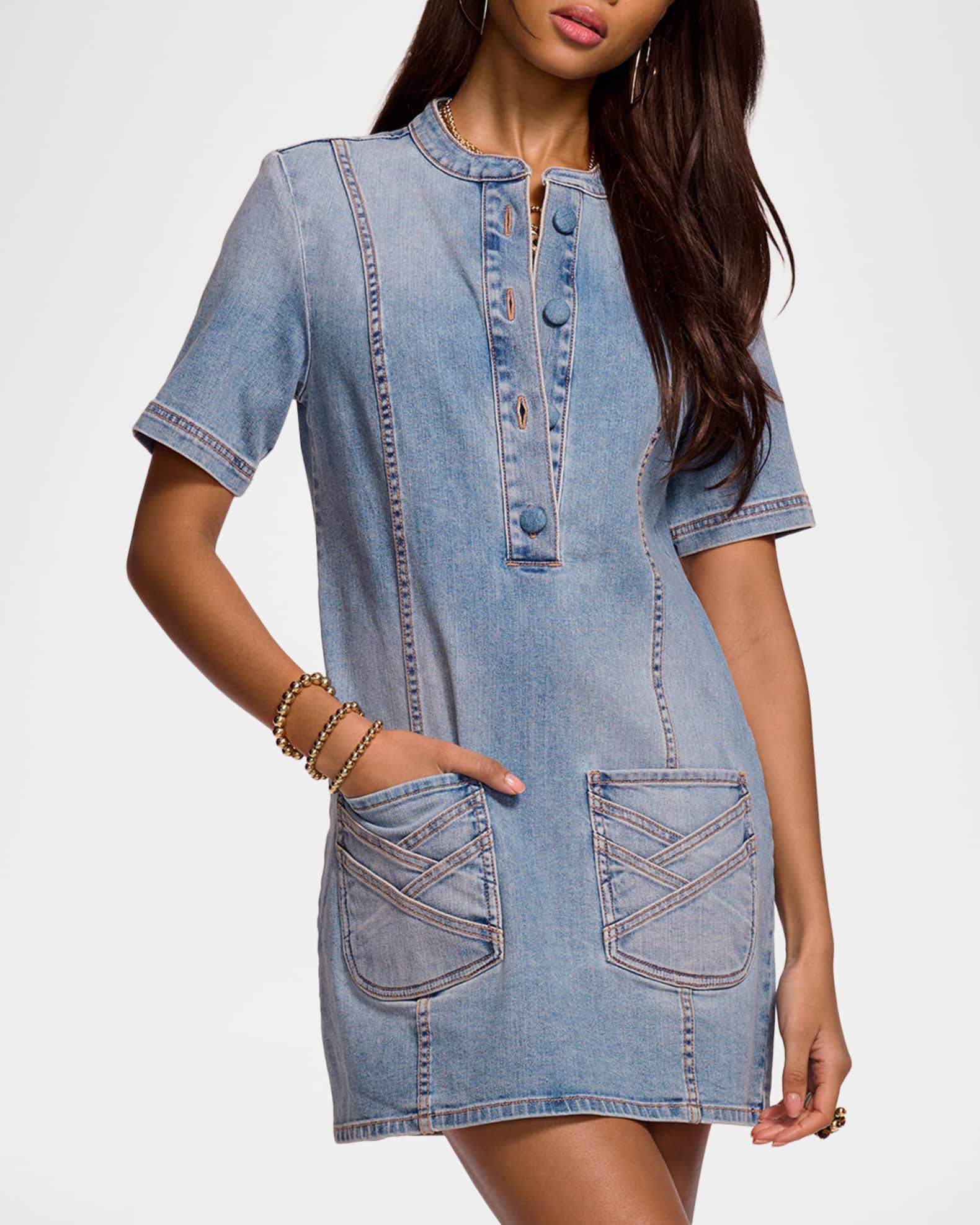 Ramy Brook Skylar Short-Sleeve Braided Denim Dress | Neiman Marcus