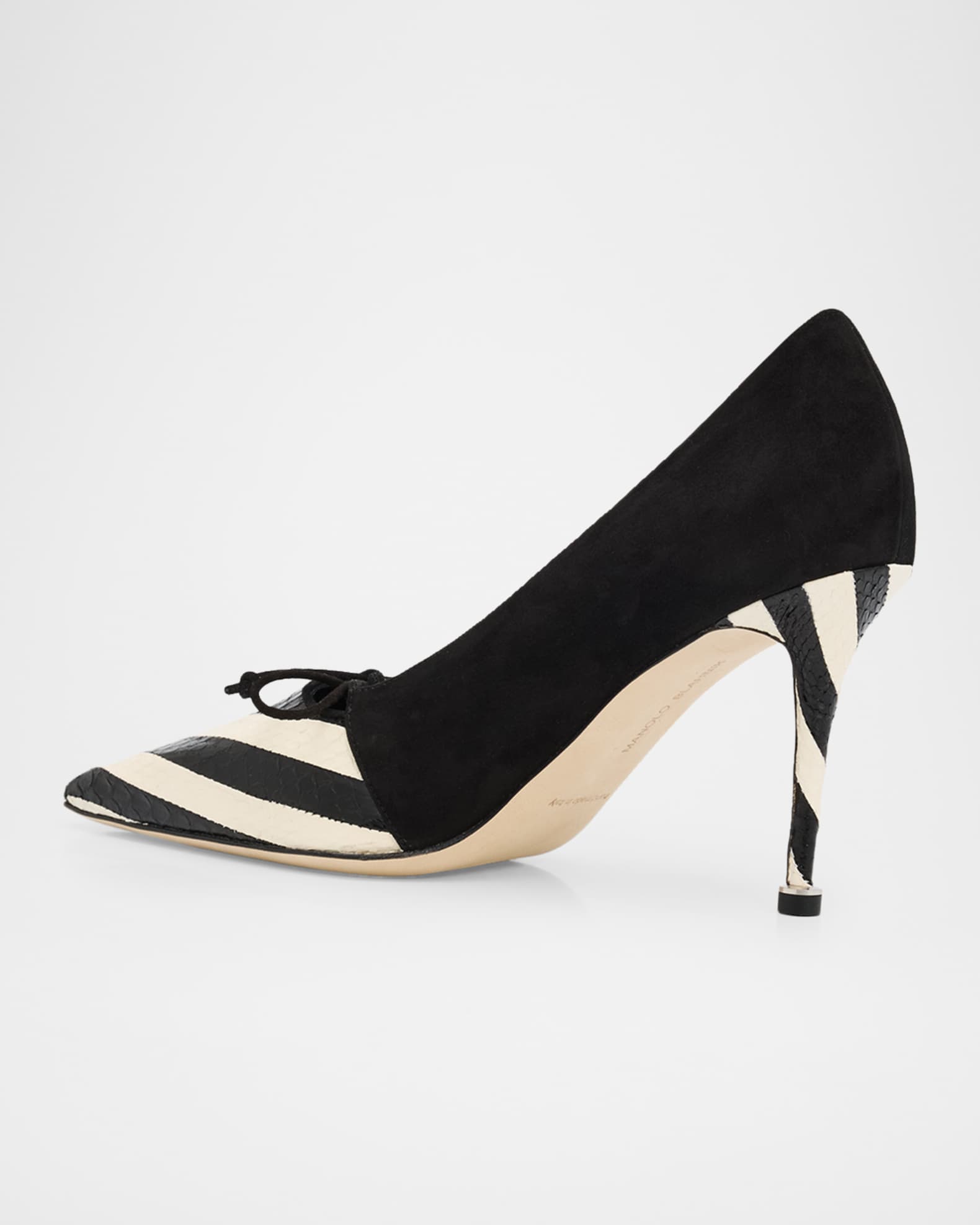 Manolo Blahnik 90mm Trillo Striped Python and Suede Pumps | Neiman