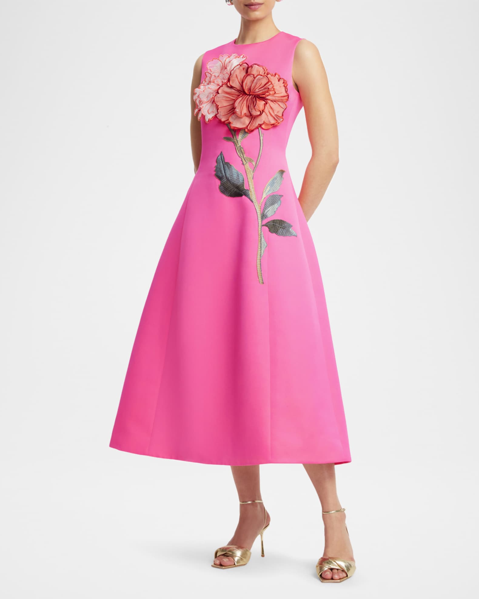 LEO LIN Cleo Sleeveless Floral Applique Midi Dress | Neiman Marcus