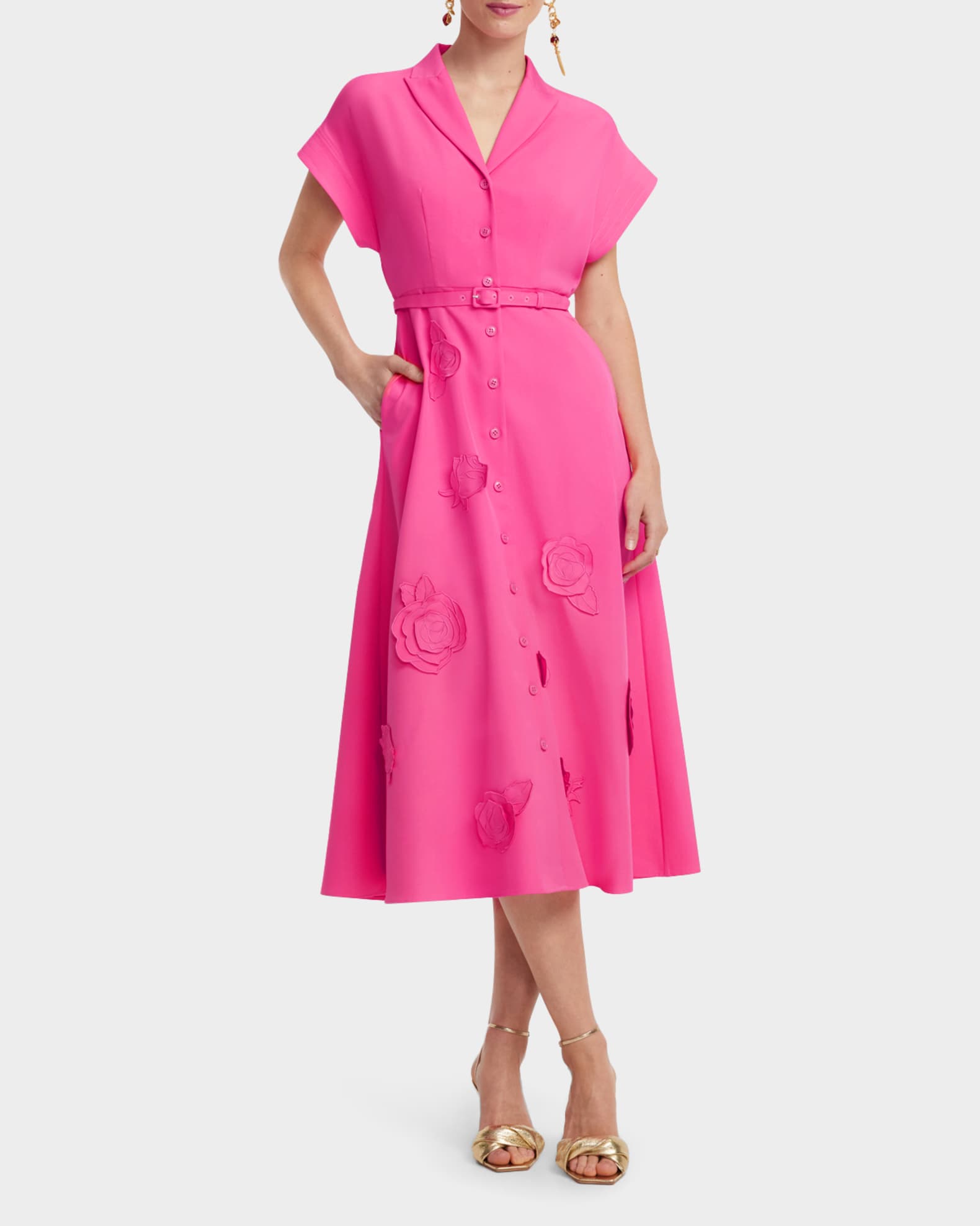 LEO LIN Aubrey Belted Floral Applique Midi Dress | Neiman Marcus