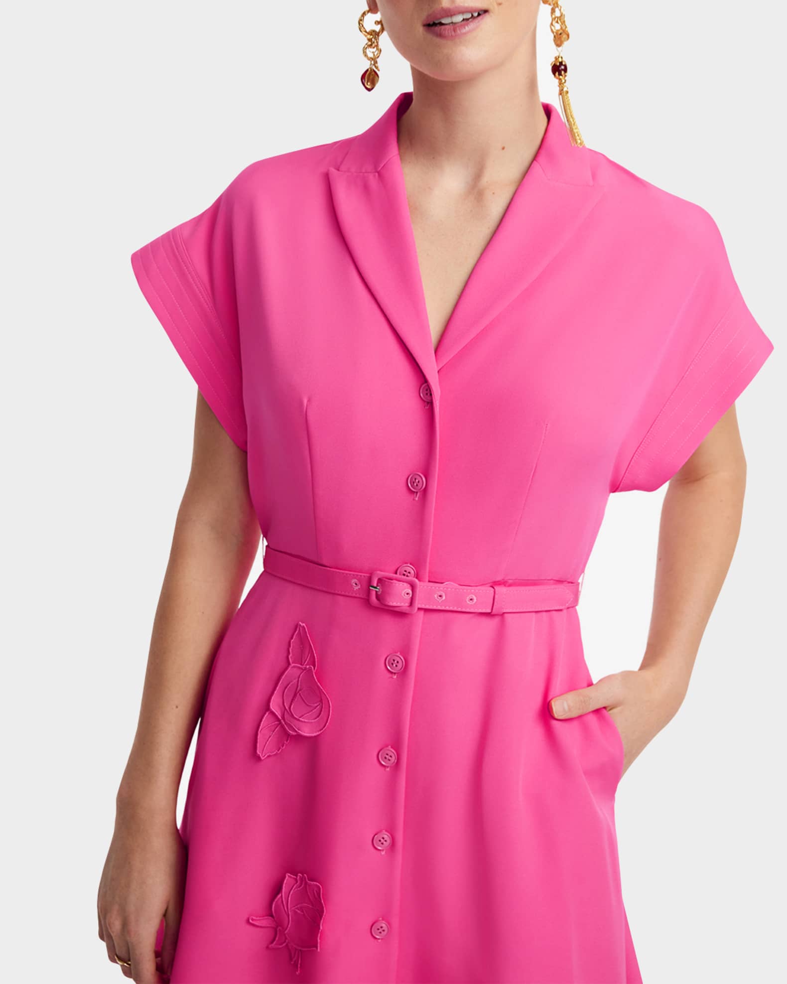 LEO LIN Aubrey Belted Floral Applique Midi Dress | Neiman Marcus