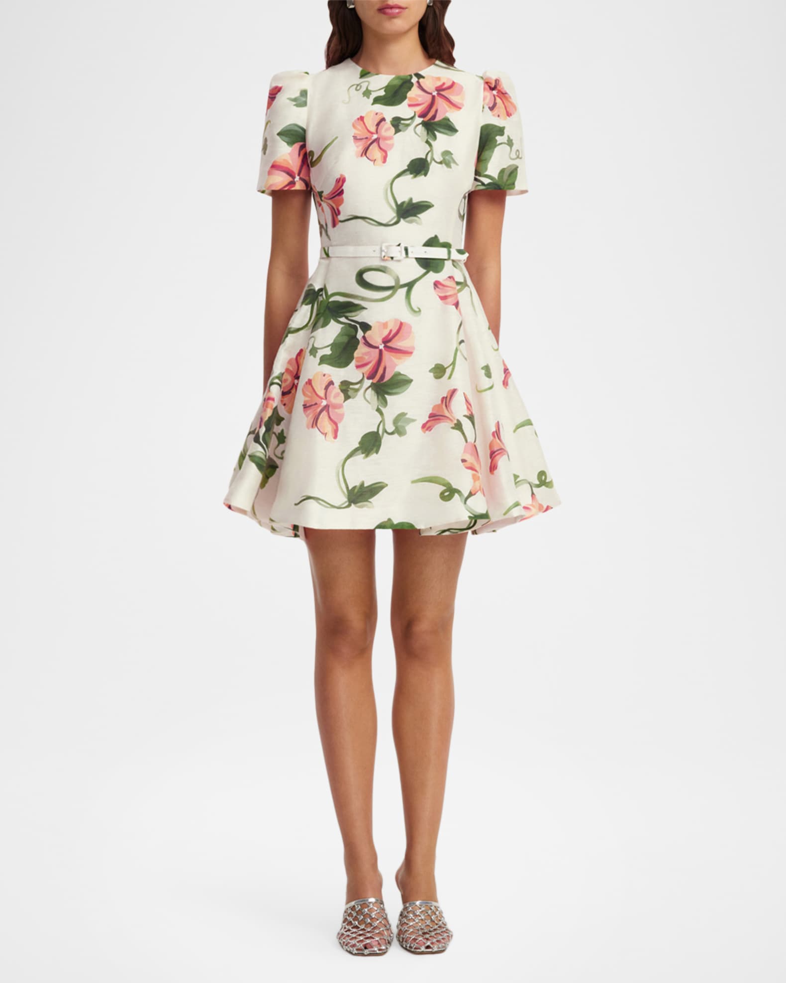 LEO LIN Elyse Belted Floral Linen-Blend Mini Dress | Neiman Marcus