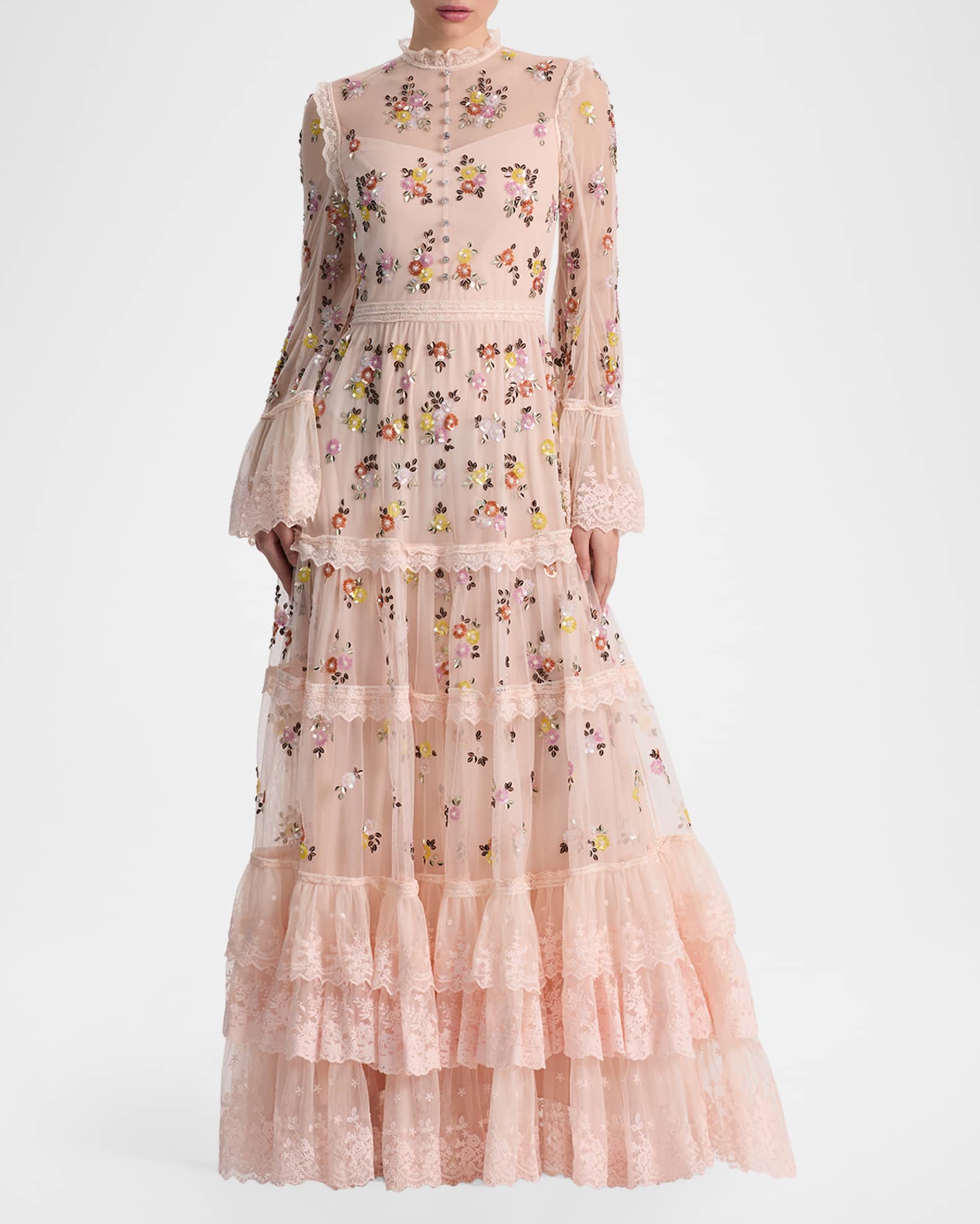 ALICE + OLIVIA Allegra Floral Embellished Ruffle-Hem Dress | Neiman Marcus