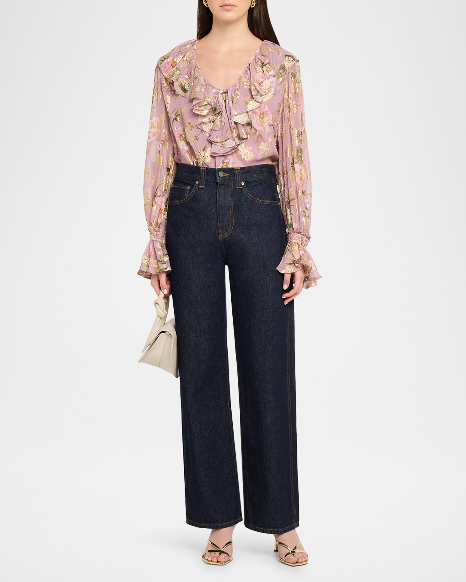 Kobi Halperin Leia Metallic Floral-Print Ruffle Blouse | Neiman Marcus