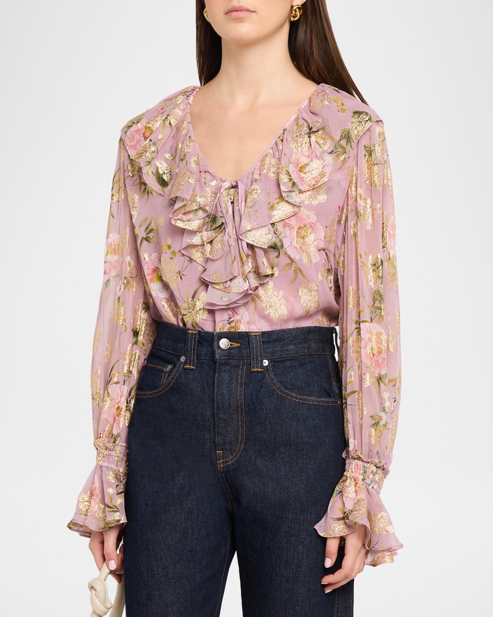 Kobi Halperin Leia Metallic Floral-Print Ruffle Blouse | Neiman Marcus