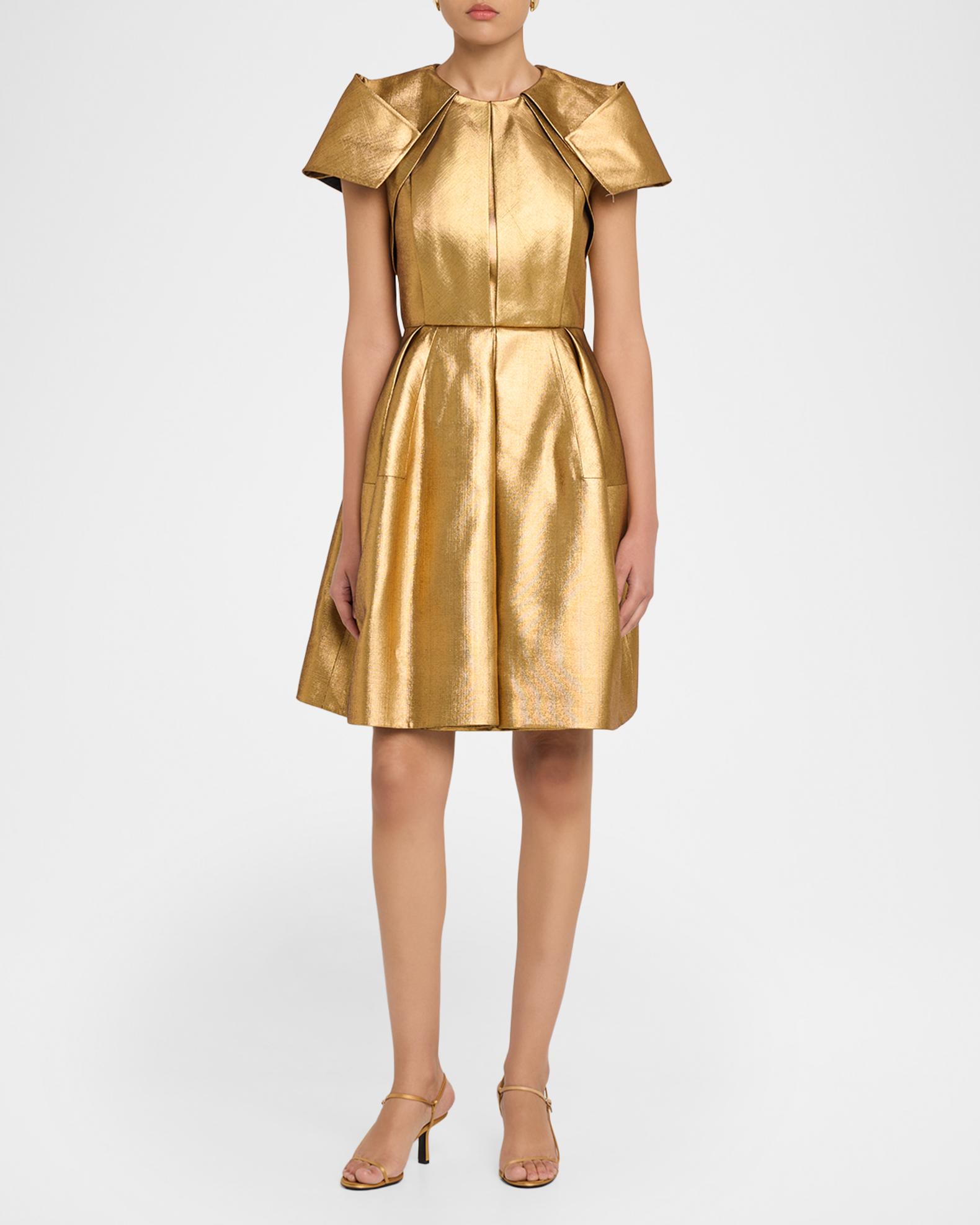 knee length metallic dress Dice Kayek Pleated Short-Sleeve Fit-And-Flare rufflemaxi