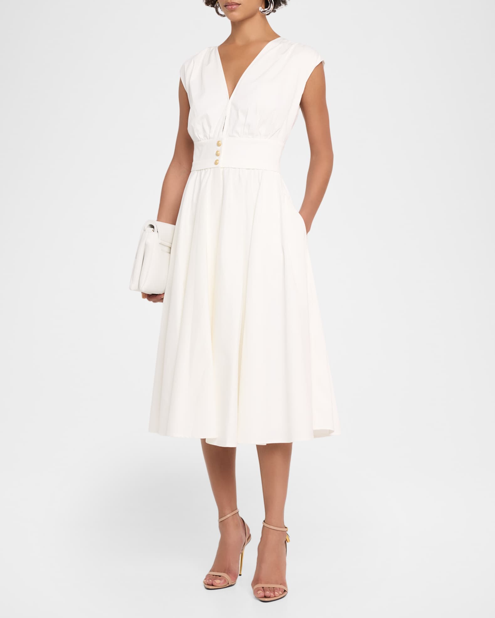 Kobi Halperin Rose Cap-Sleeve Midi Dress with Pockets | Neiman Marcus