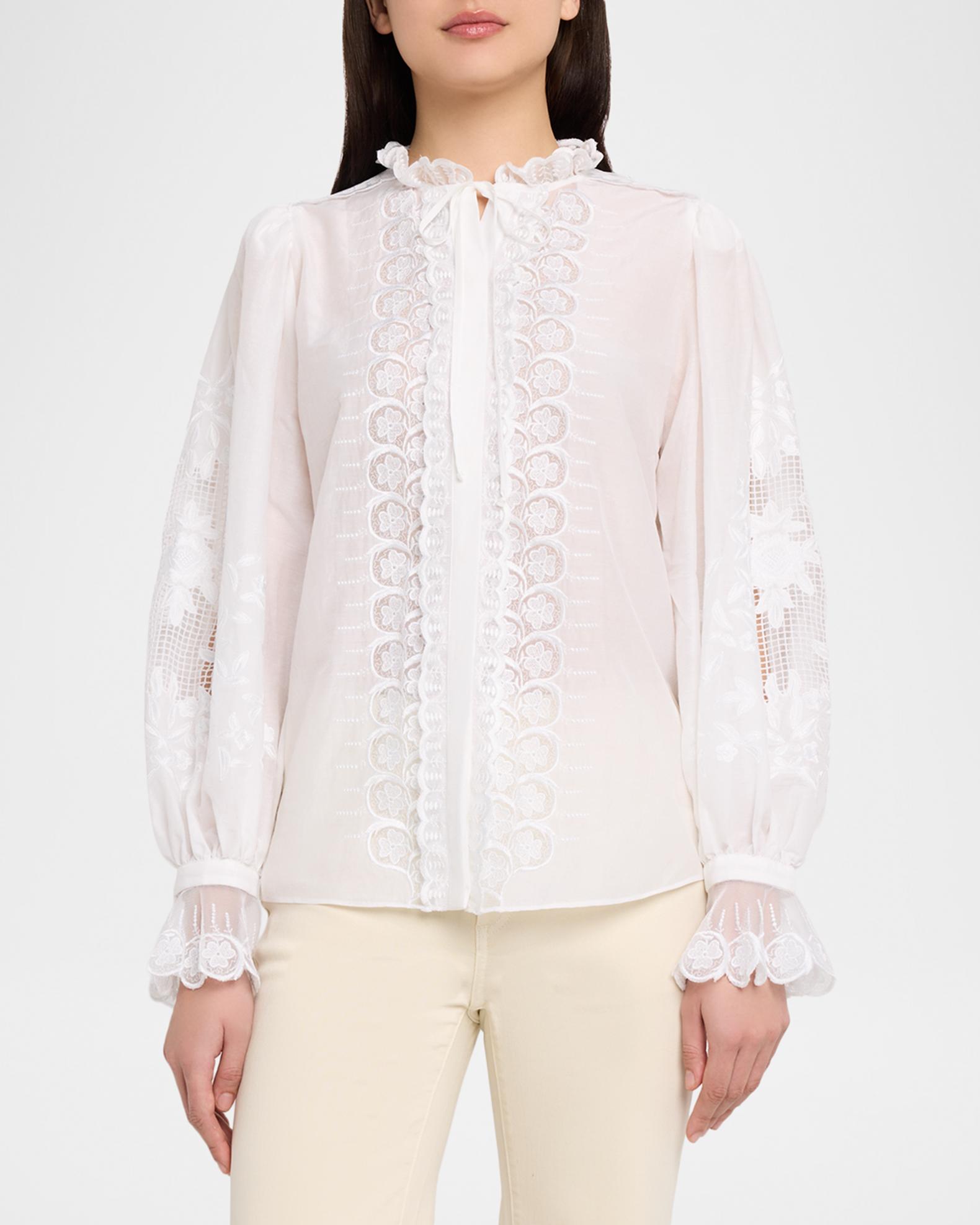 Kobi Halperin Lacey Embroidered Cotton/Silk Tieneck Blouse